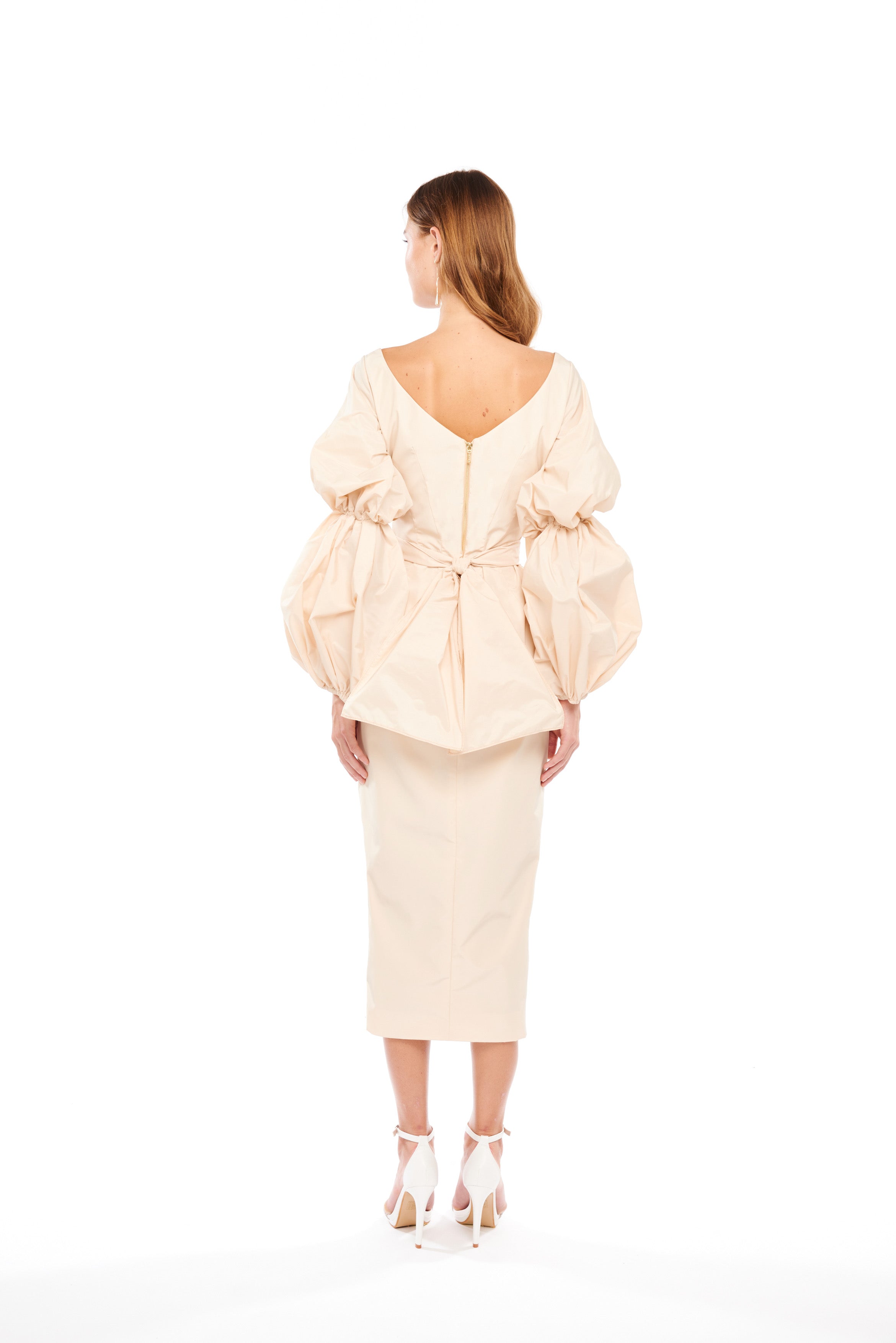 V-NECK MIDI DRESS WITH PUFFY SLEEVES