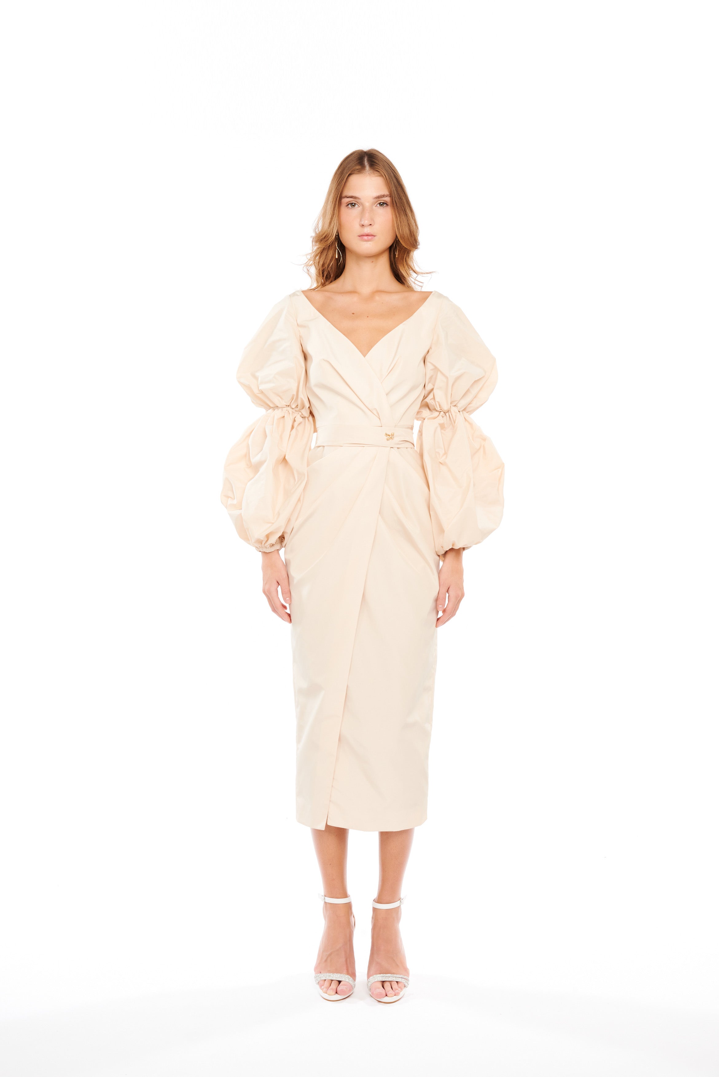 V-NECK MIDI DRESS WITH PUFFY SLEEVES