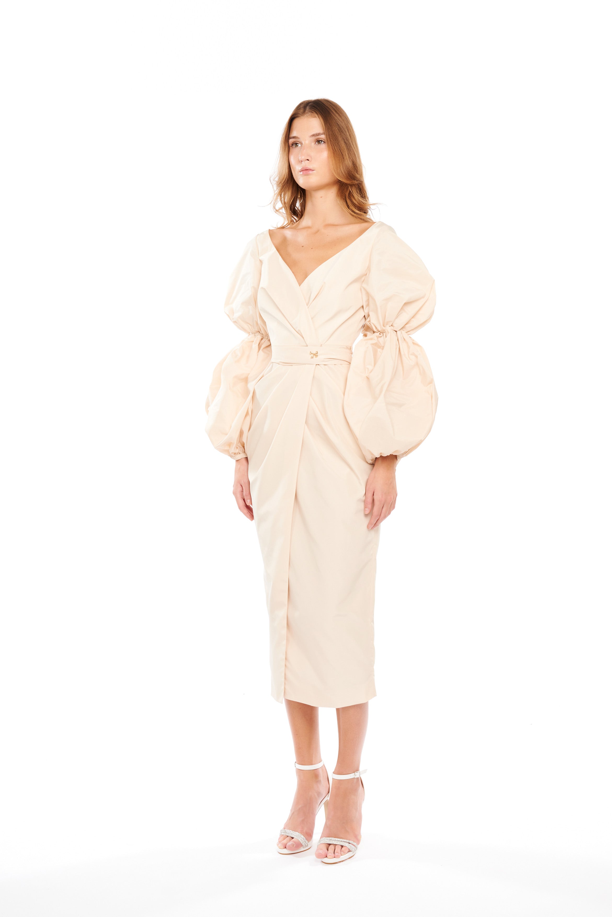 V-NECK MIDI DRESS WITH PUFFY SLEEVES