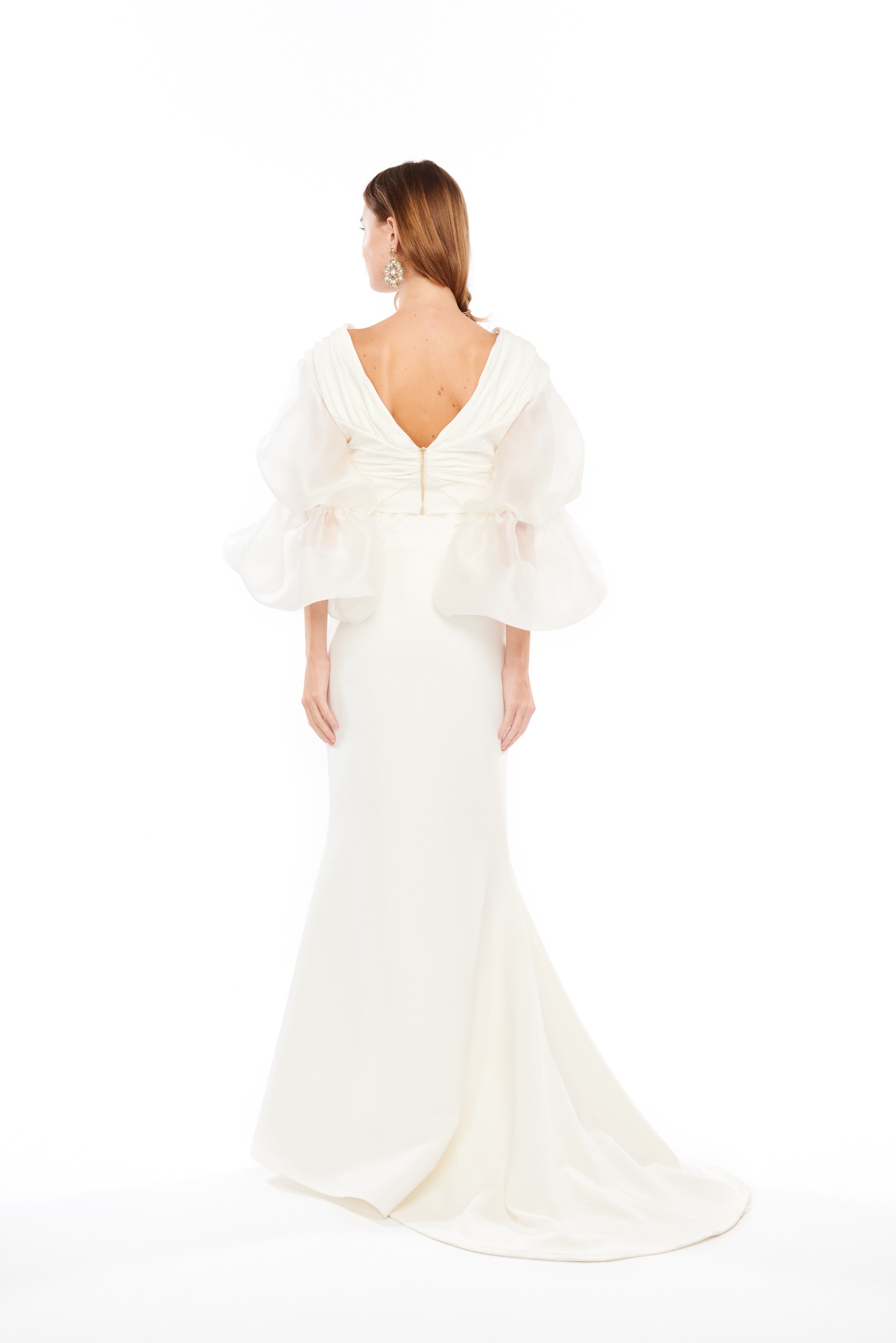 V-NECK PLEATED TOP WITH PUFFY SLEEVES
