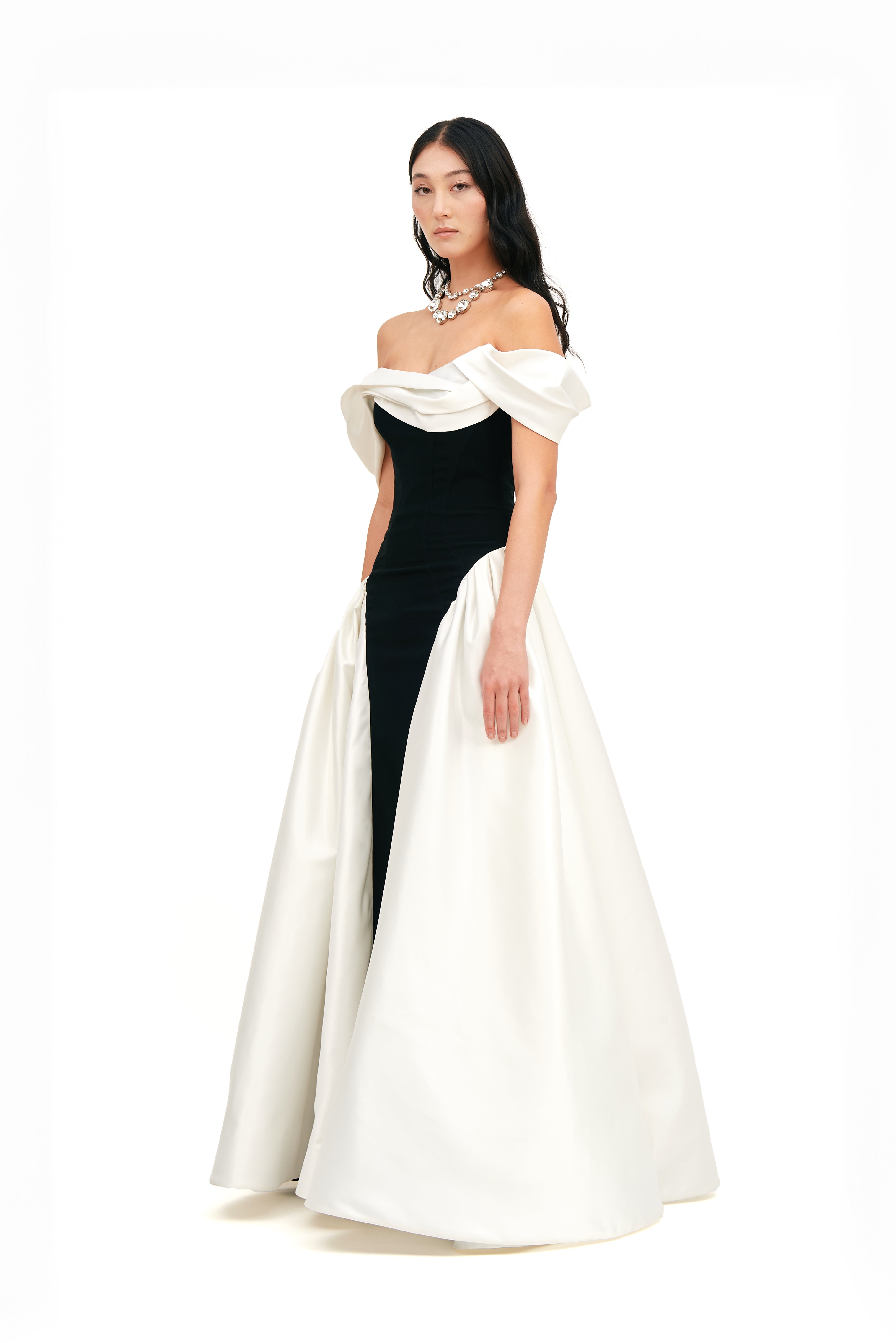 DRAPED NECK BALL GOWN
