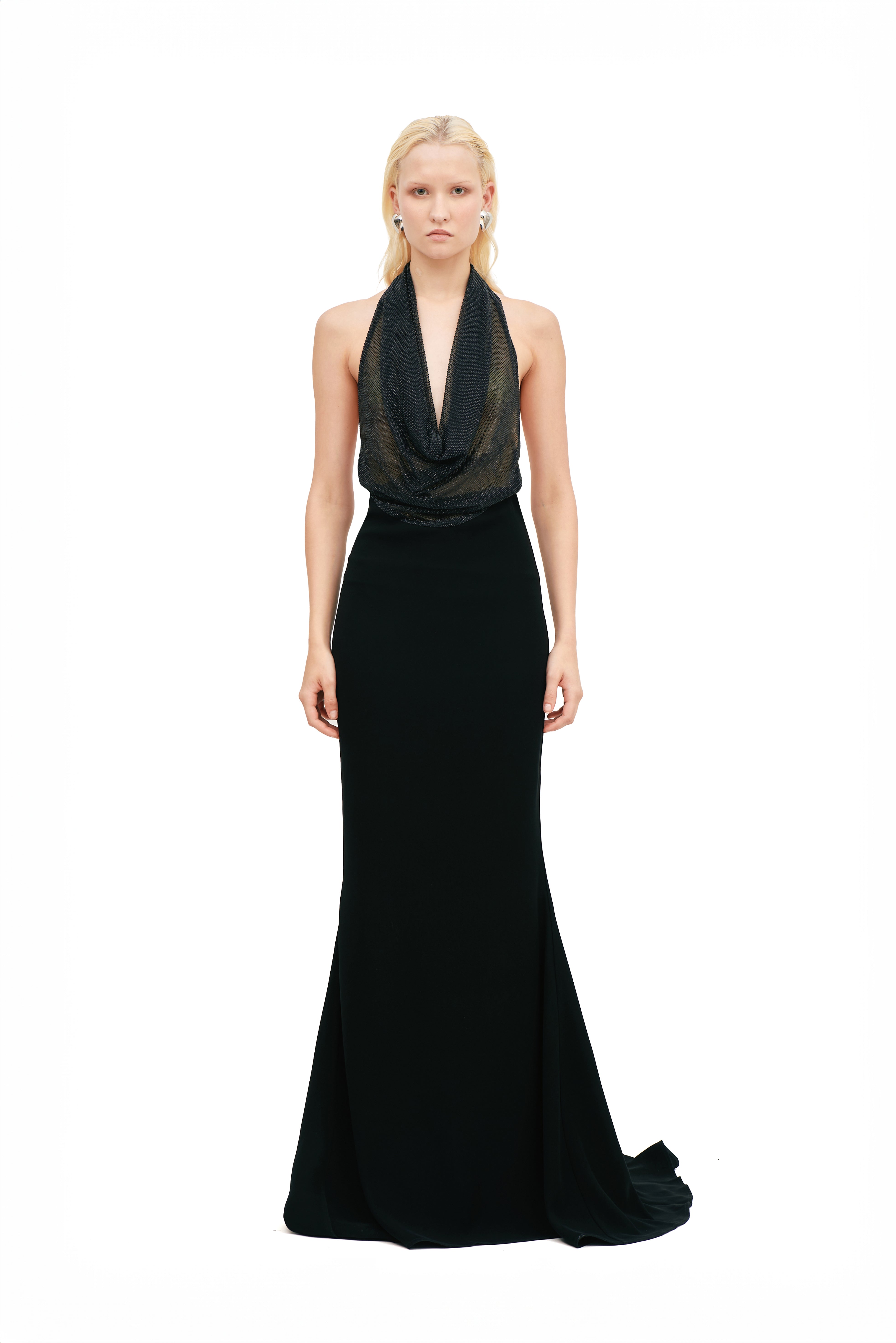 SHEER STARRY CRYSTAL COWL DRESS