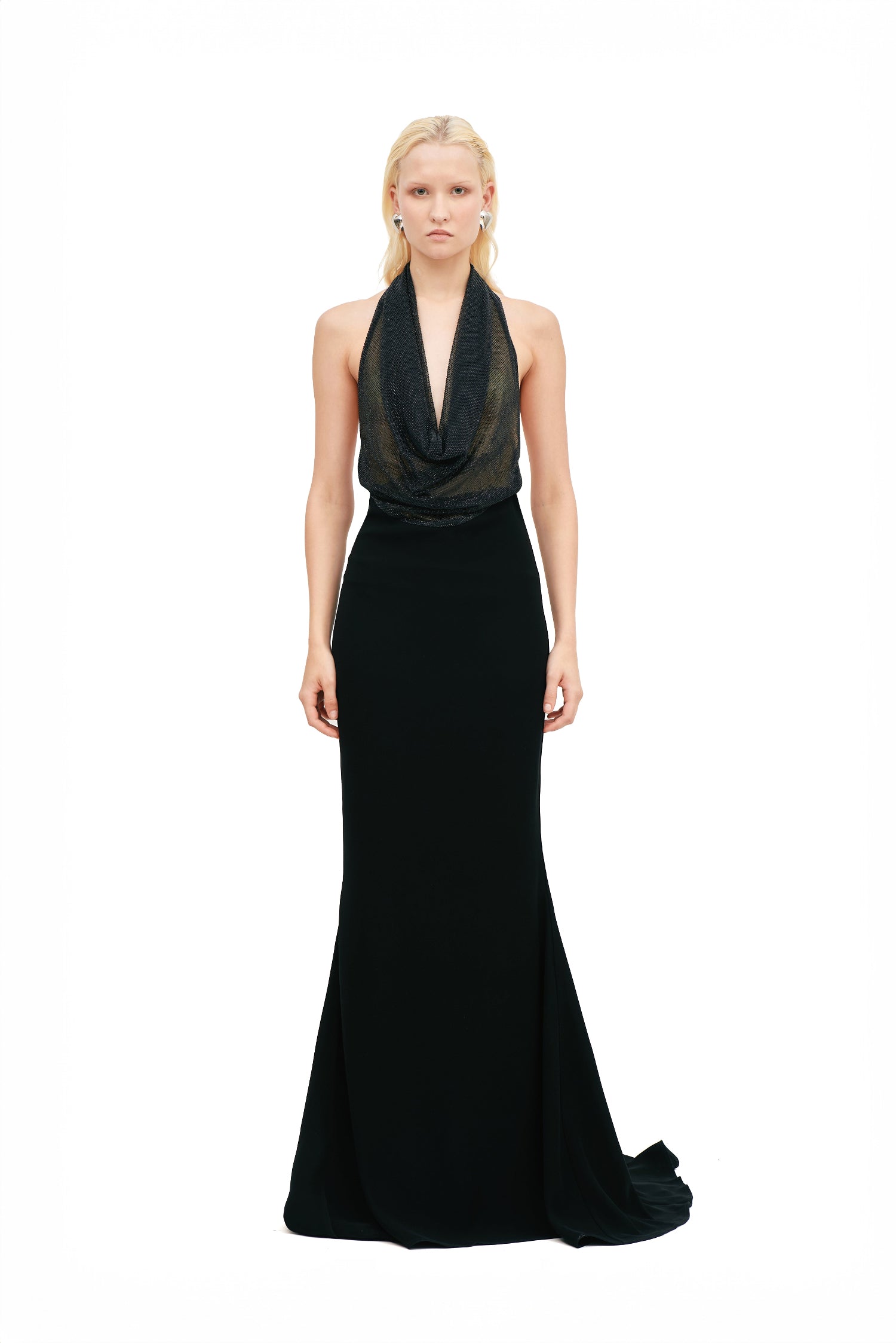 SHEER STARRY CRYSTAL COWL DRESS