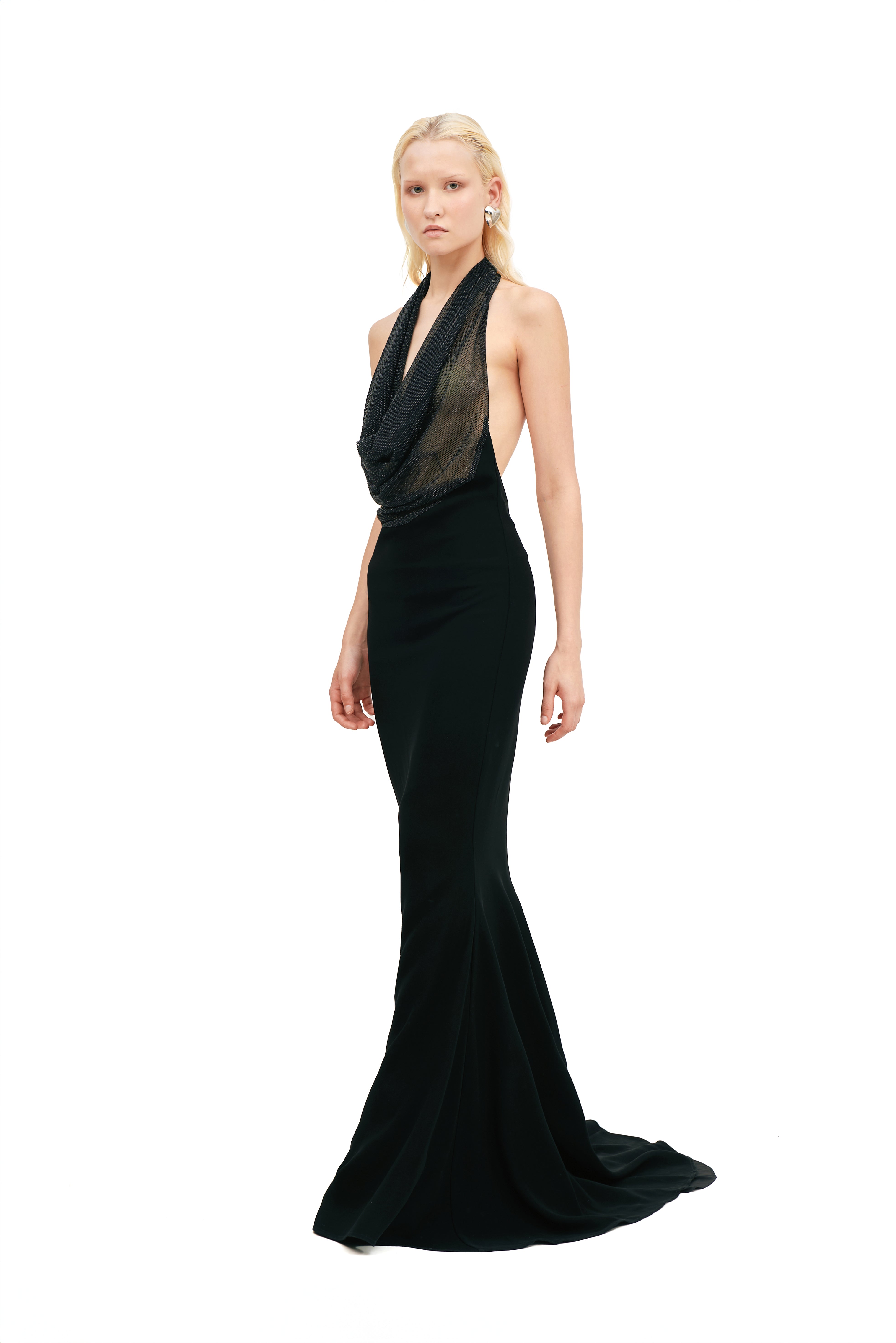 SHEER STARRY CRYSTAL COWL DRESS