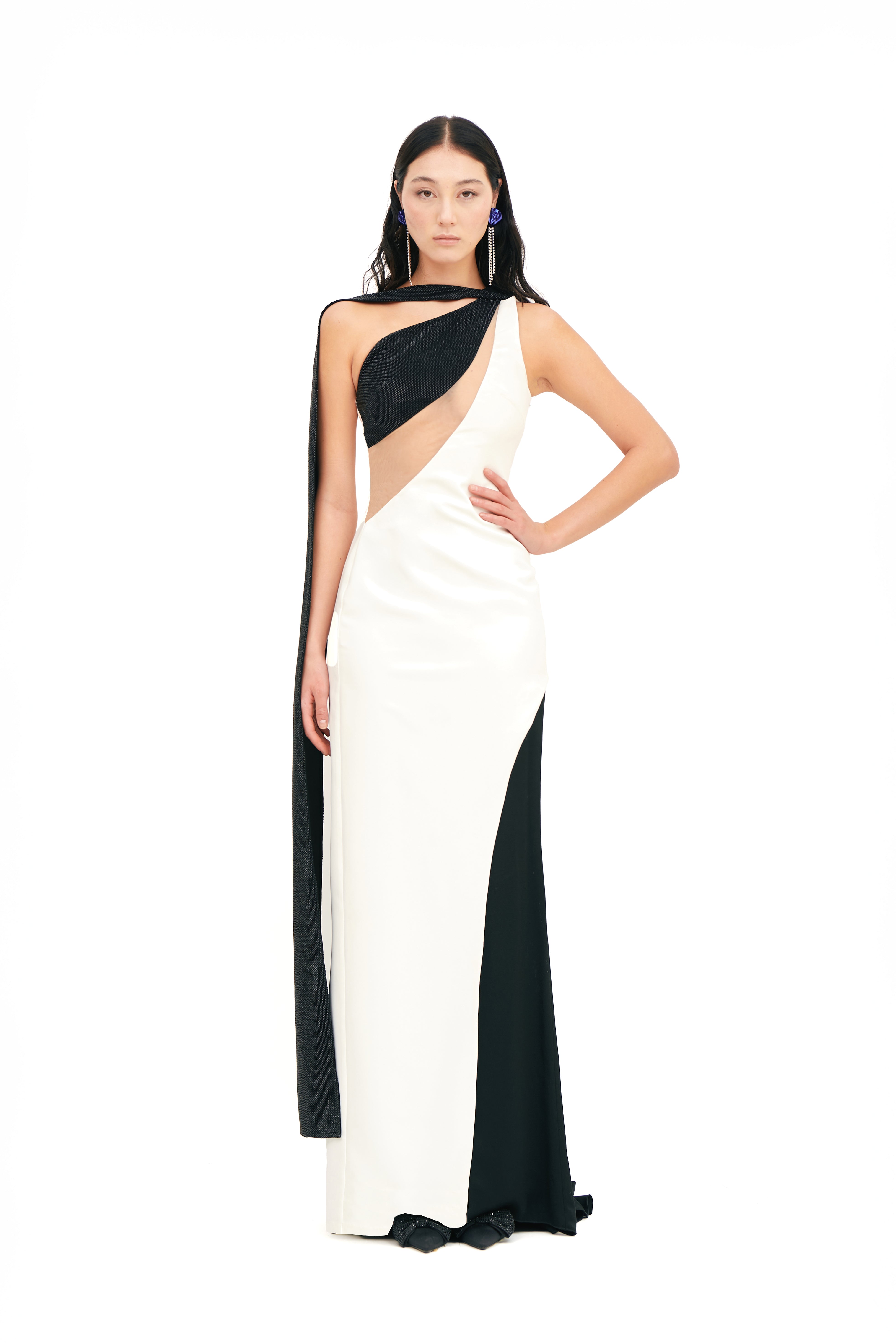CUTOUT MONOSHOULDER MAXI DRESS WITH SCARF