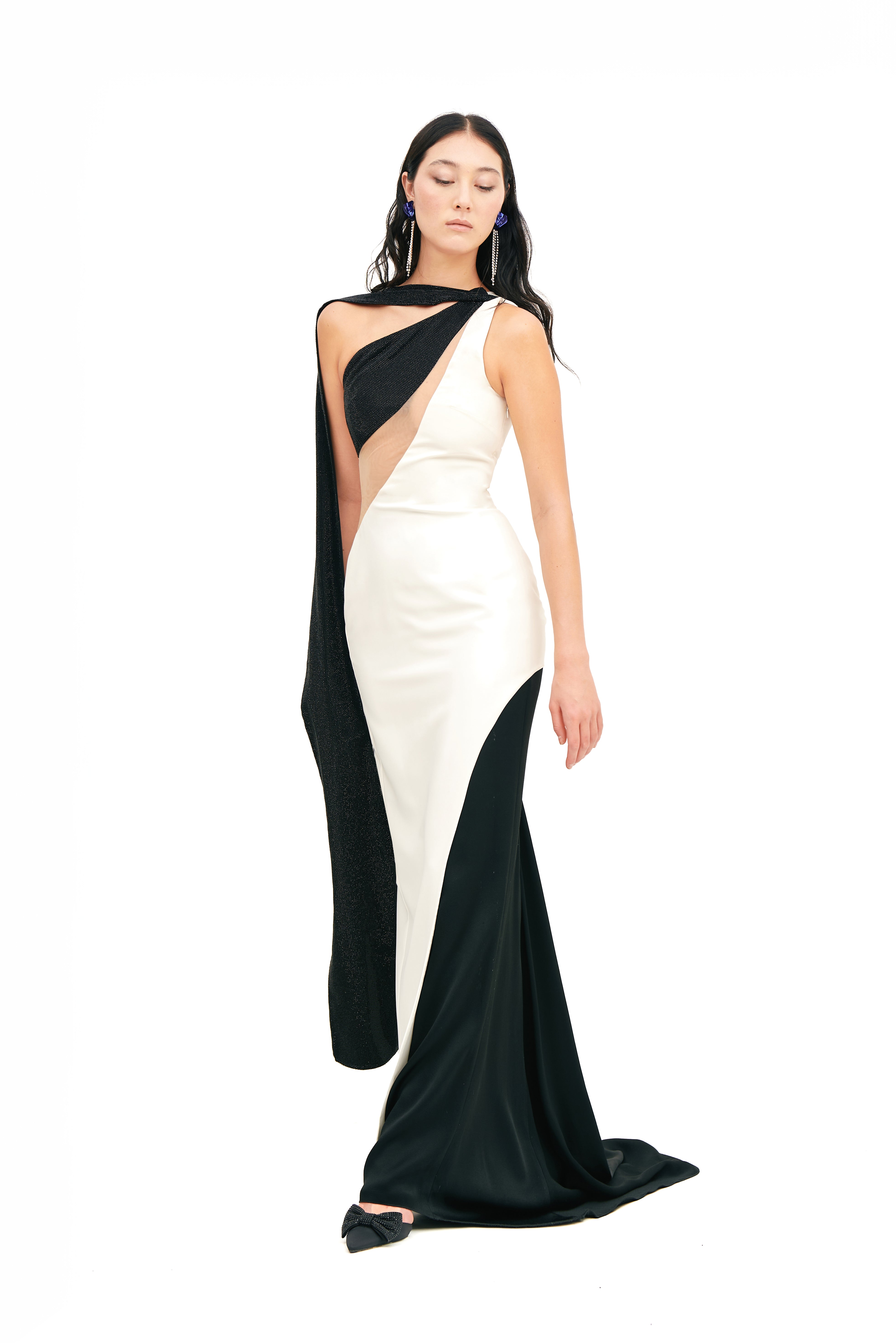 CUTOUT MONOSHOULDER MAXI DRESS WITH SCARF