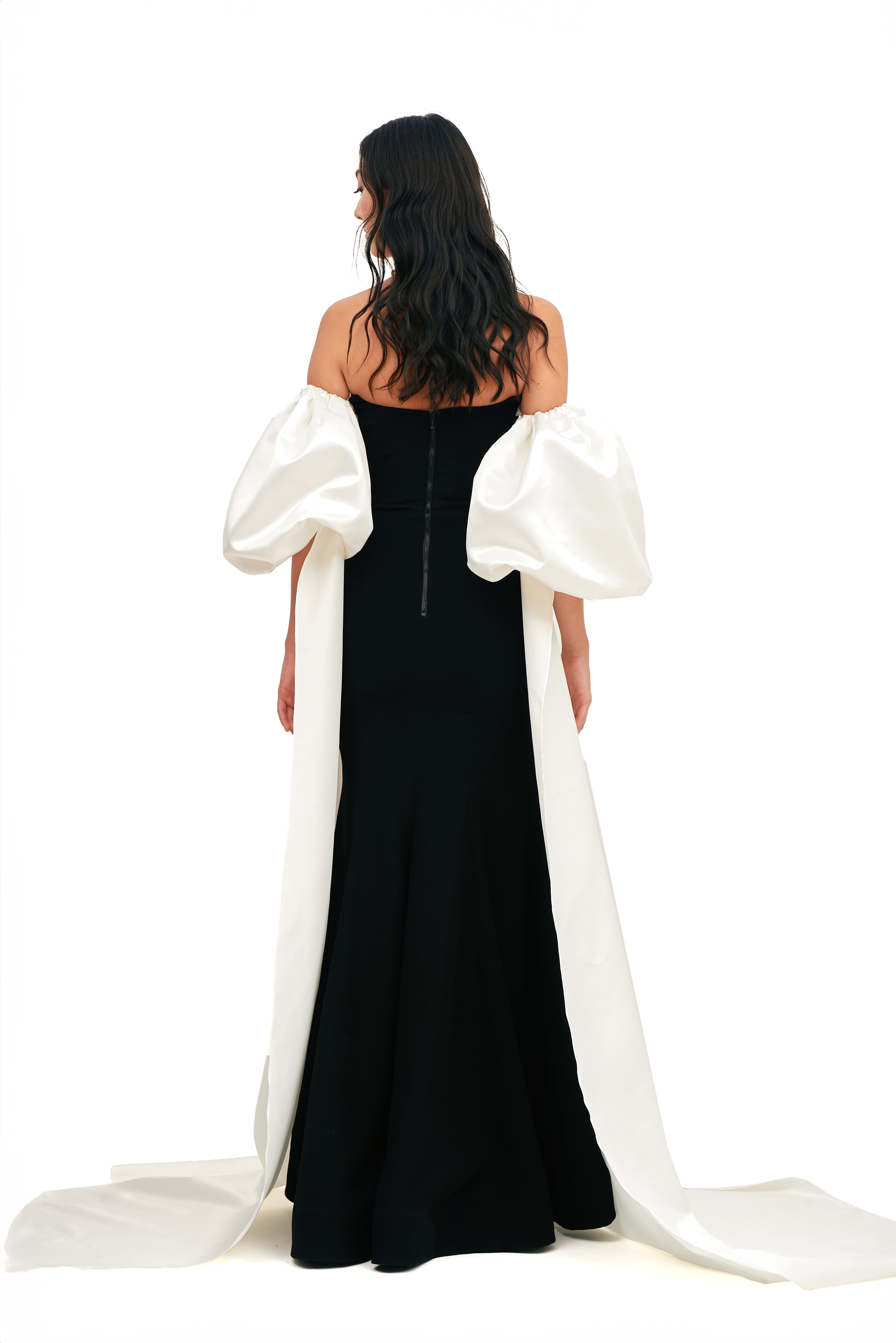 SILHOUETTE GOWN WITH PUFFY WATERFALL SLEEVES