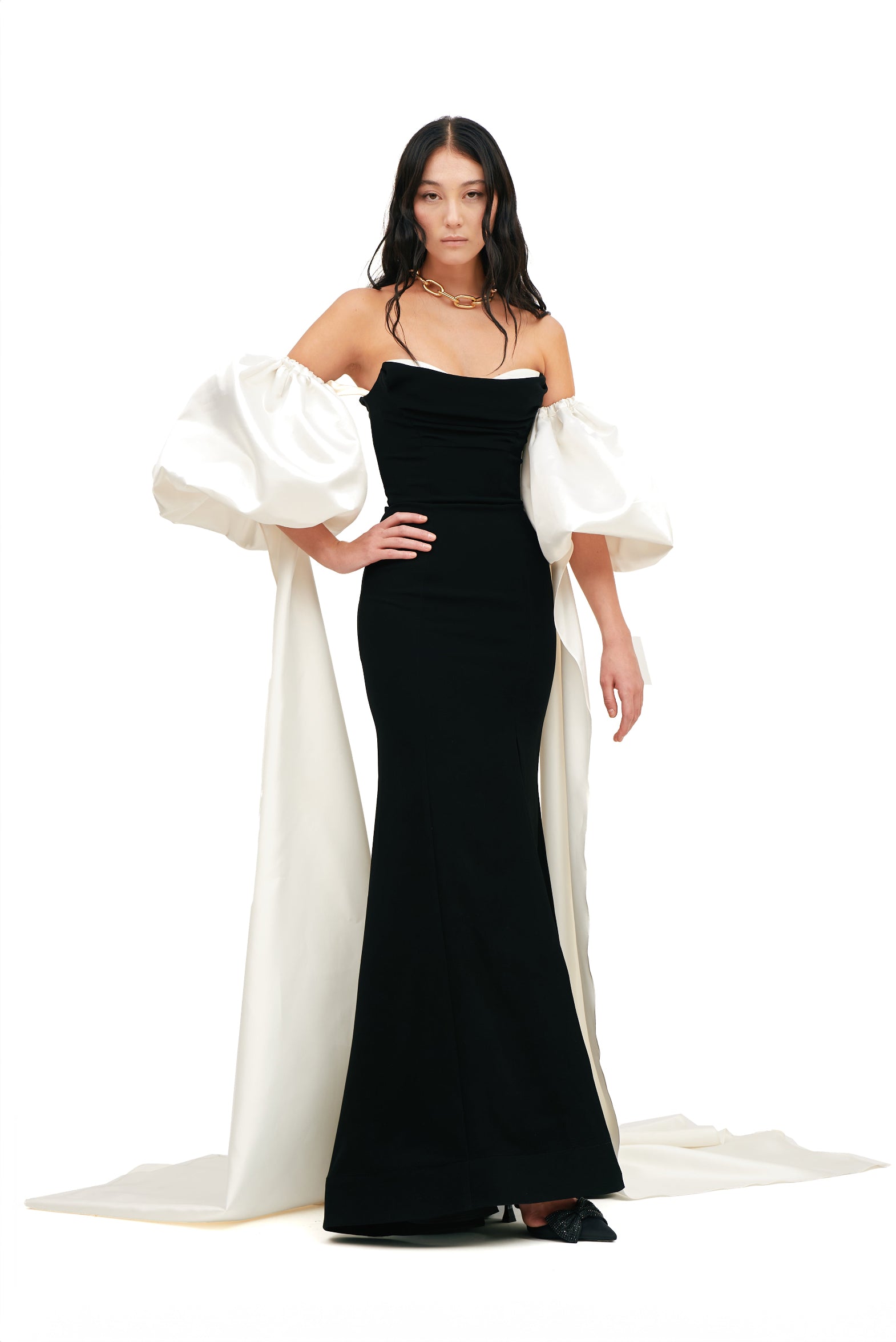 SILHOUETTE GOWN WITH PUFFY WATERFALL SLEEVES