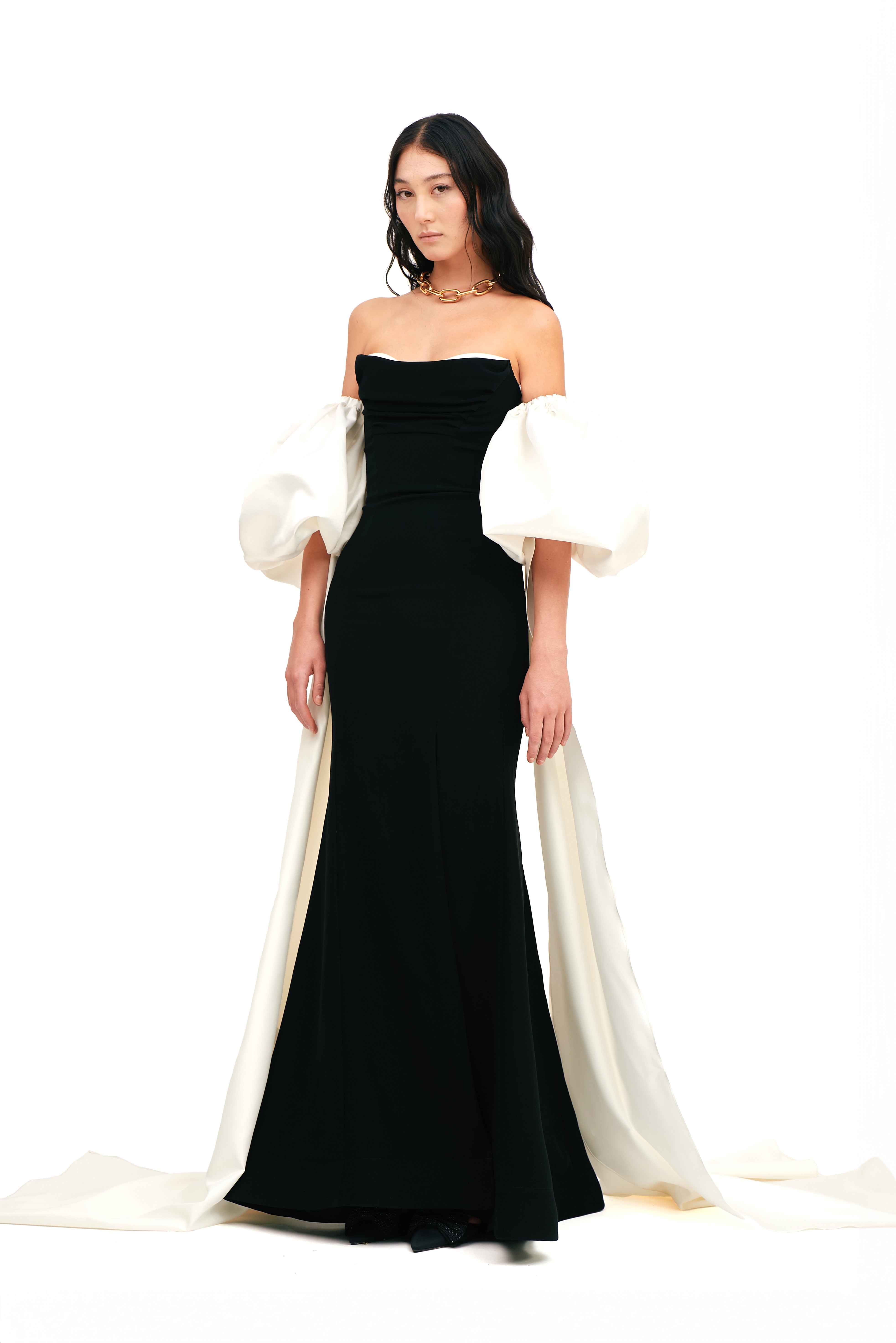 SILHOUETTE GOWN WITH PUFFY WATERFALL SLEEVES