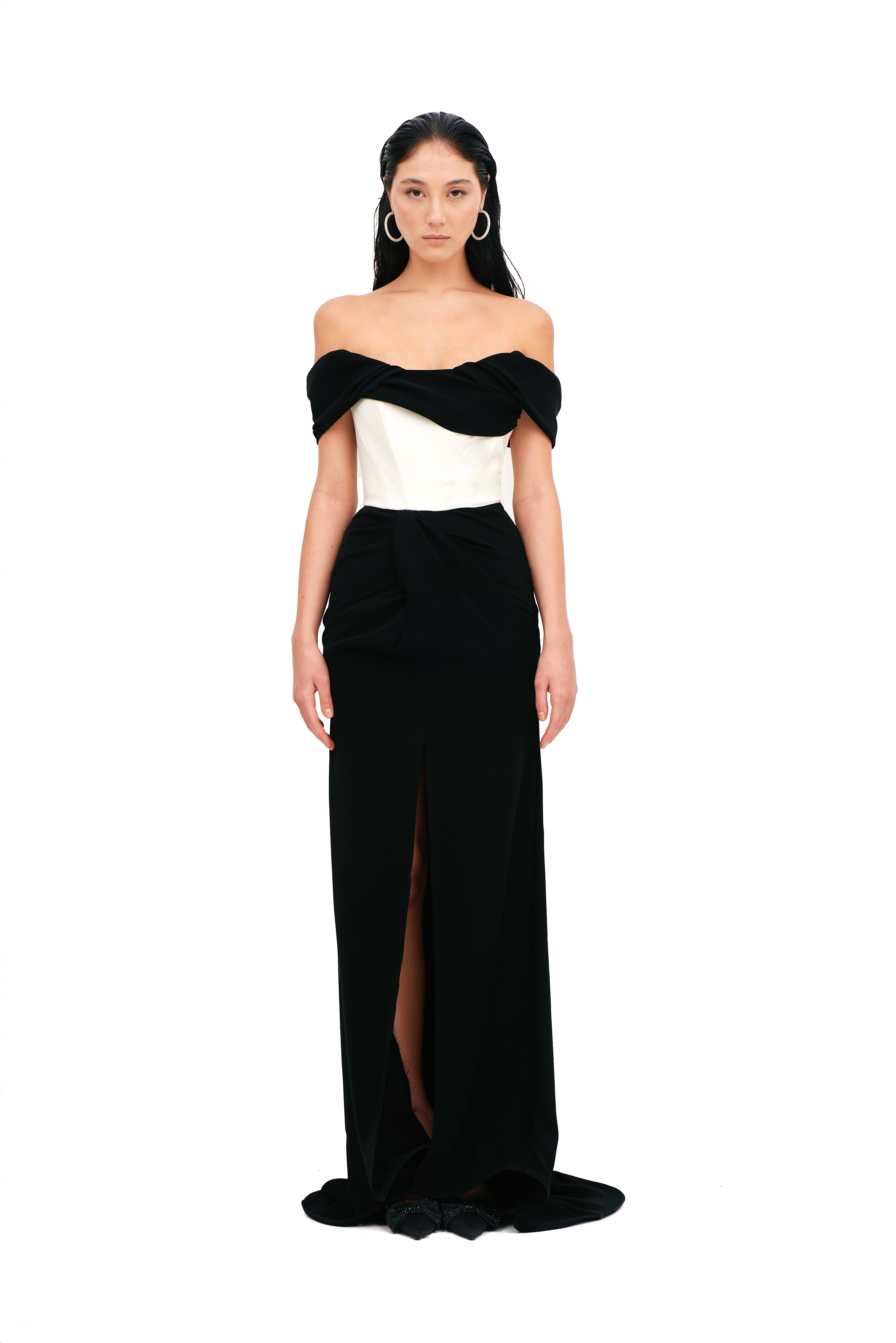 CONTRAST GOWN WITH DRAPED NECKLINE AND TRAIN
