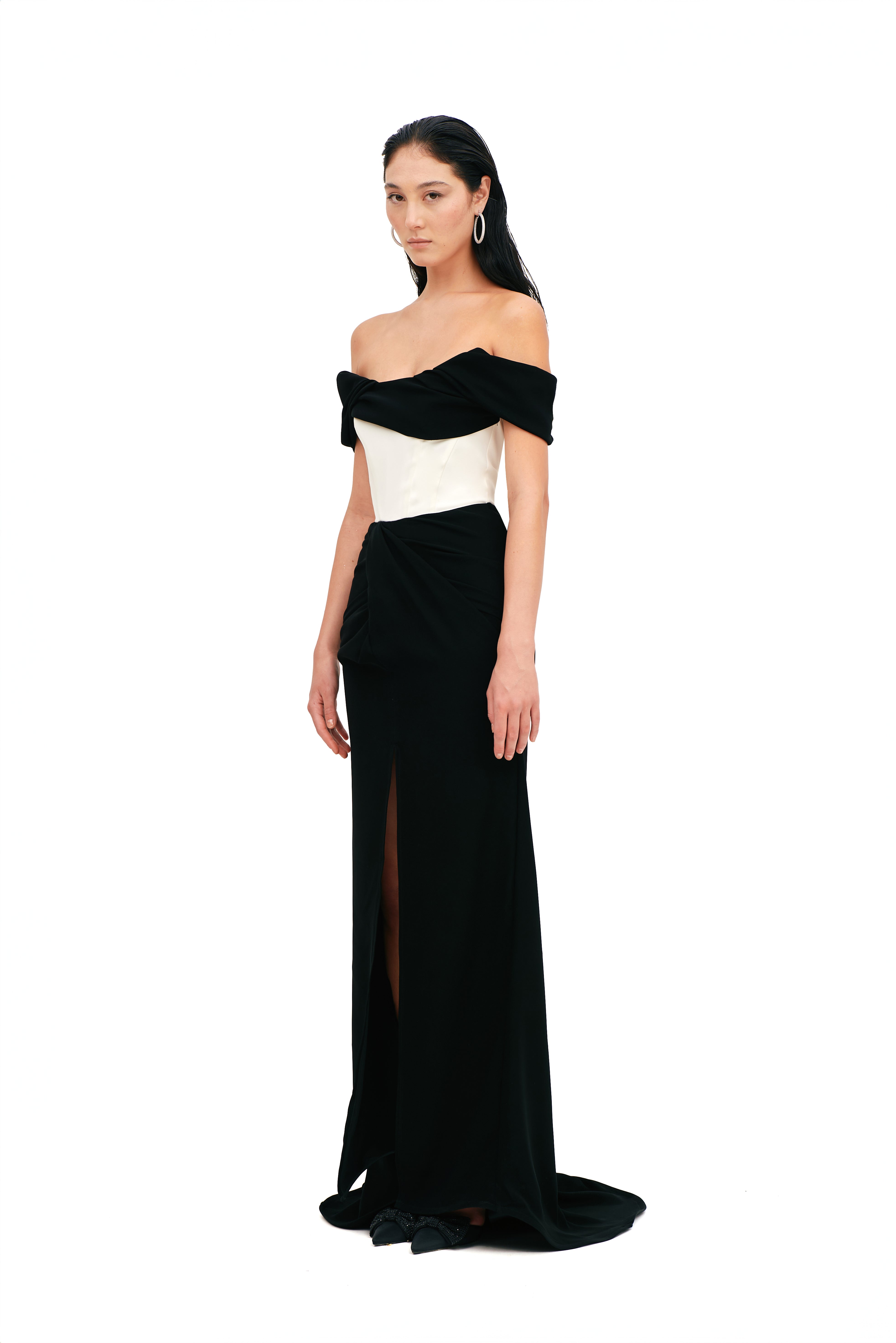 CONTRAST GOWN WITH DRAPED NECKLINE AND TRAIN