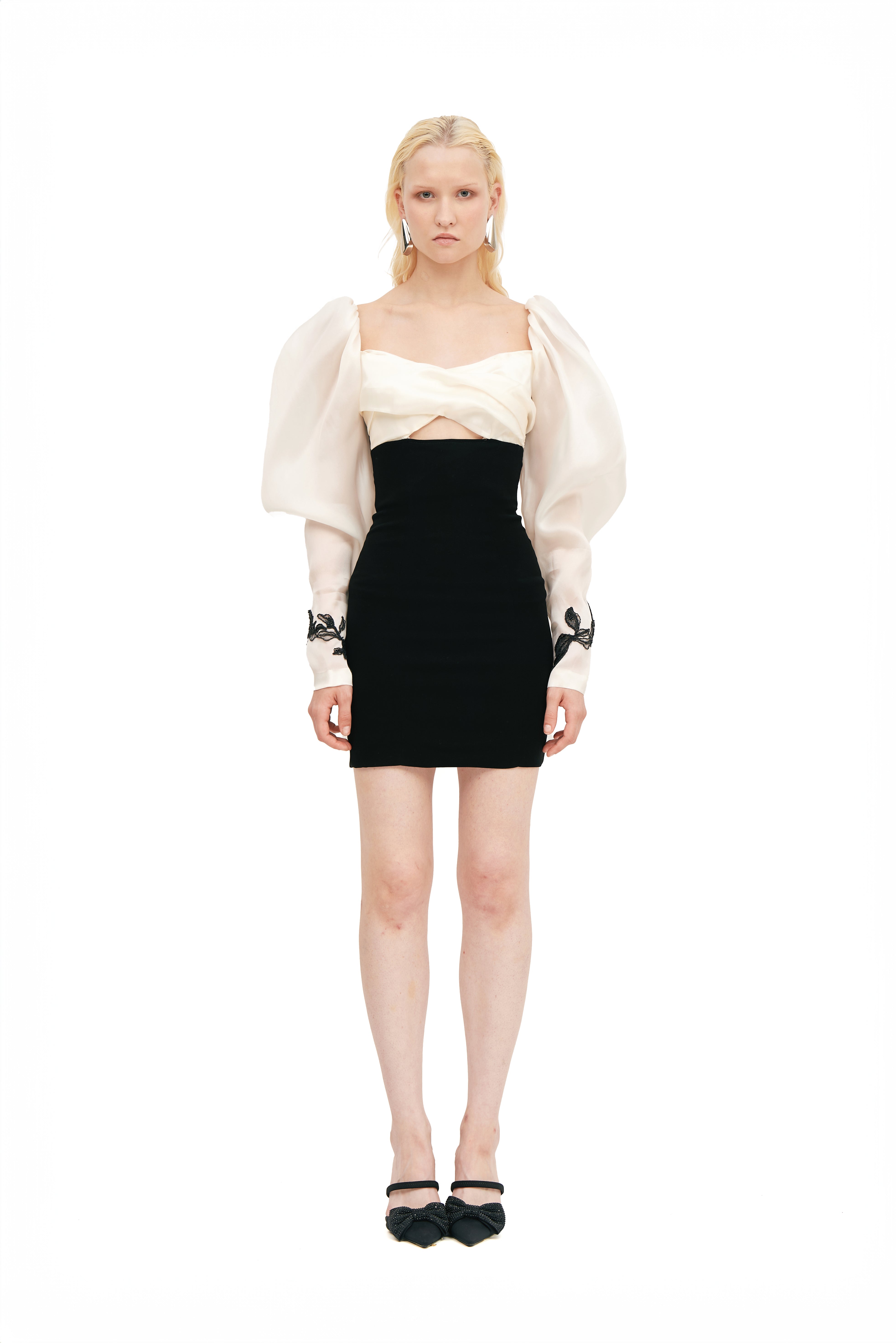 DRAPED BUSTIER MINI DRESS WITH VOLUME SLEEVES