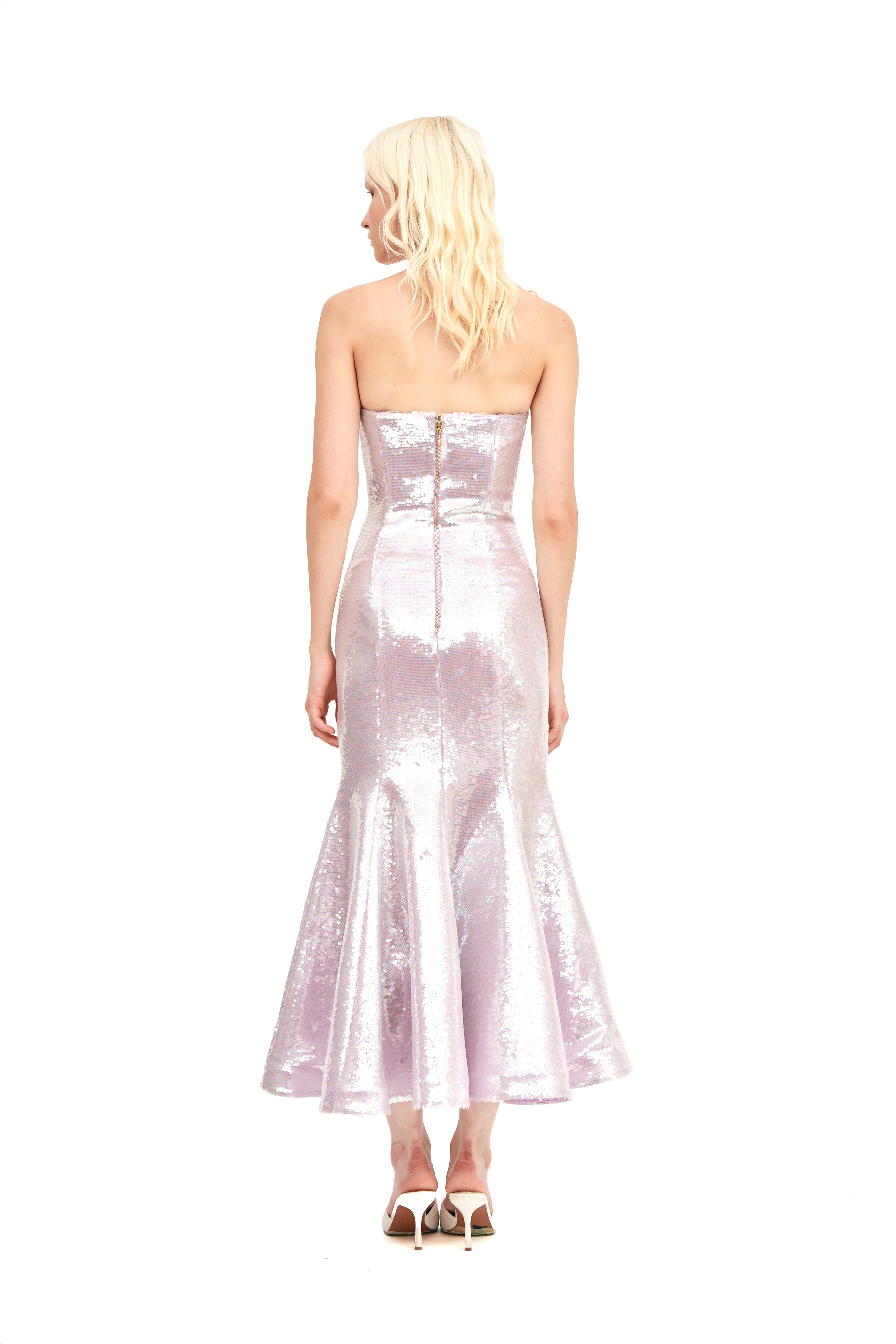 SEQUIN STRAPLESS TULIP DRESS