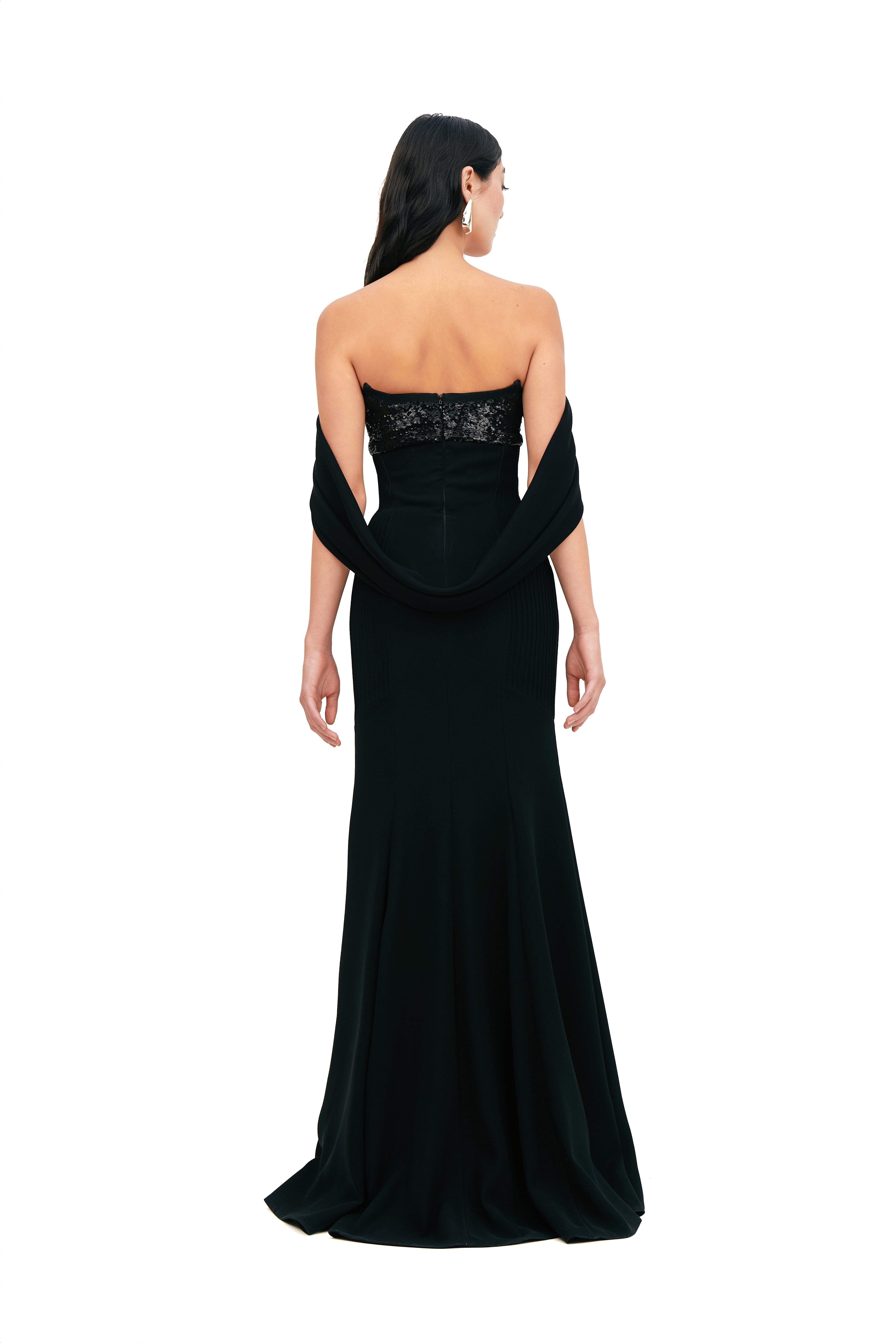 CRESCENT NECK CUT RIBS SILHOUETTE DRESS WITH DRAPE SHOULDERS