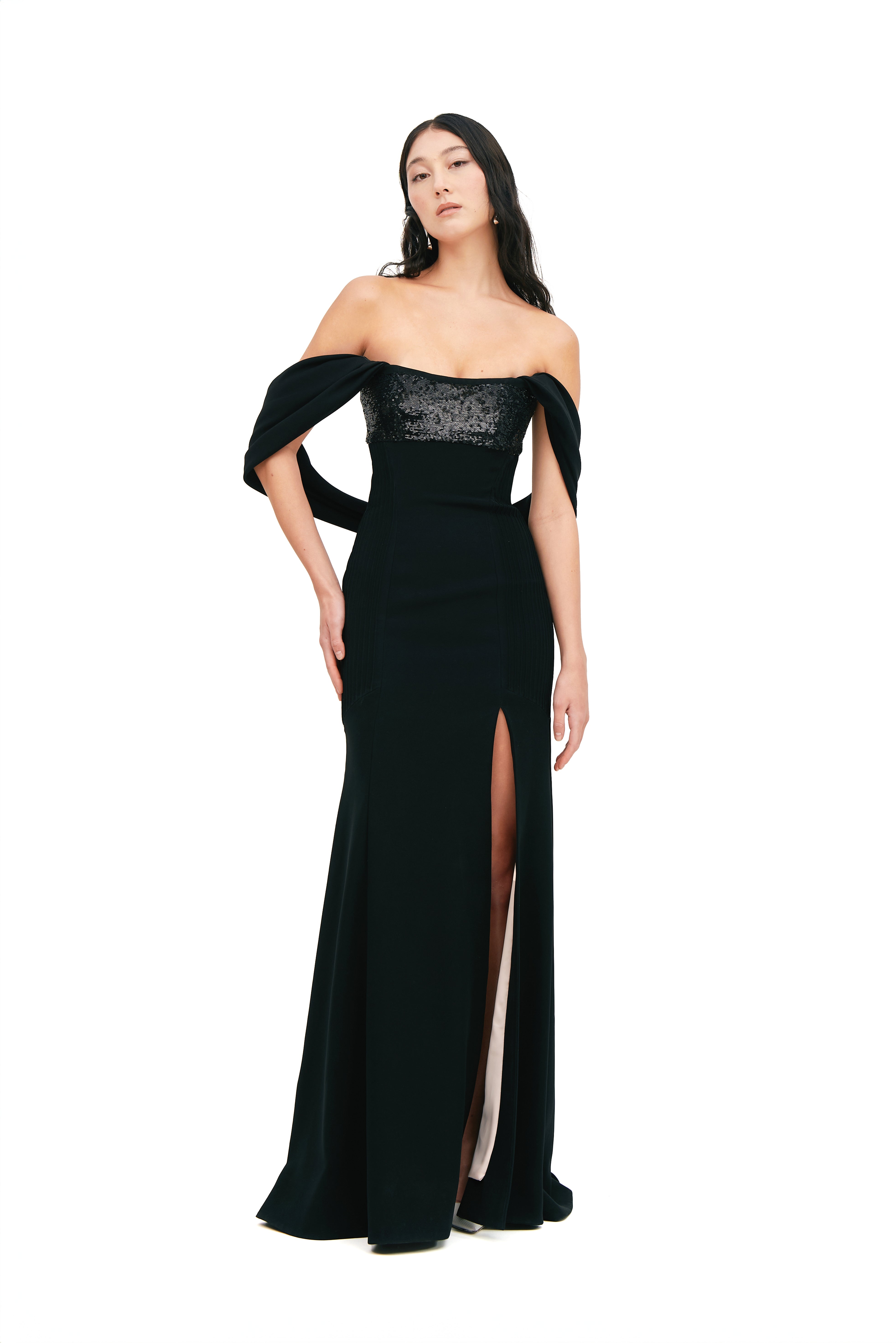 CRESCENT NECK CUT RIBS SILHOUETTE DRESS WITH DRAPE SHOULDERS