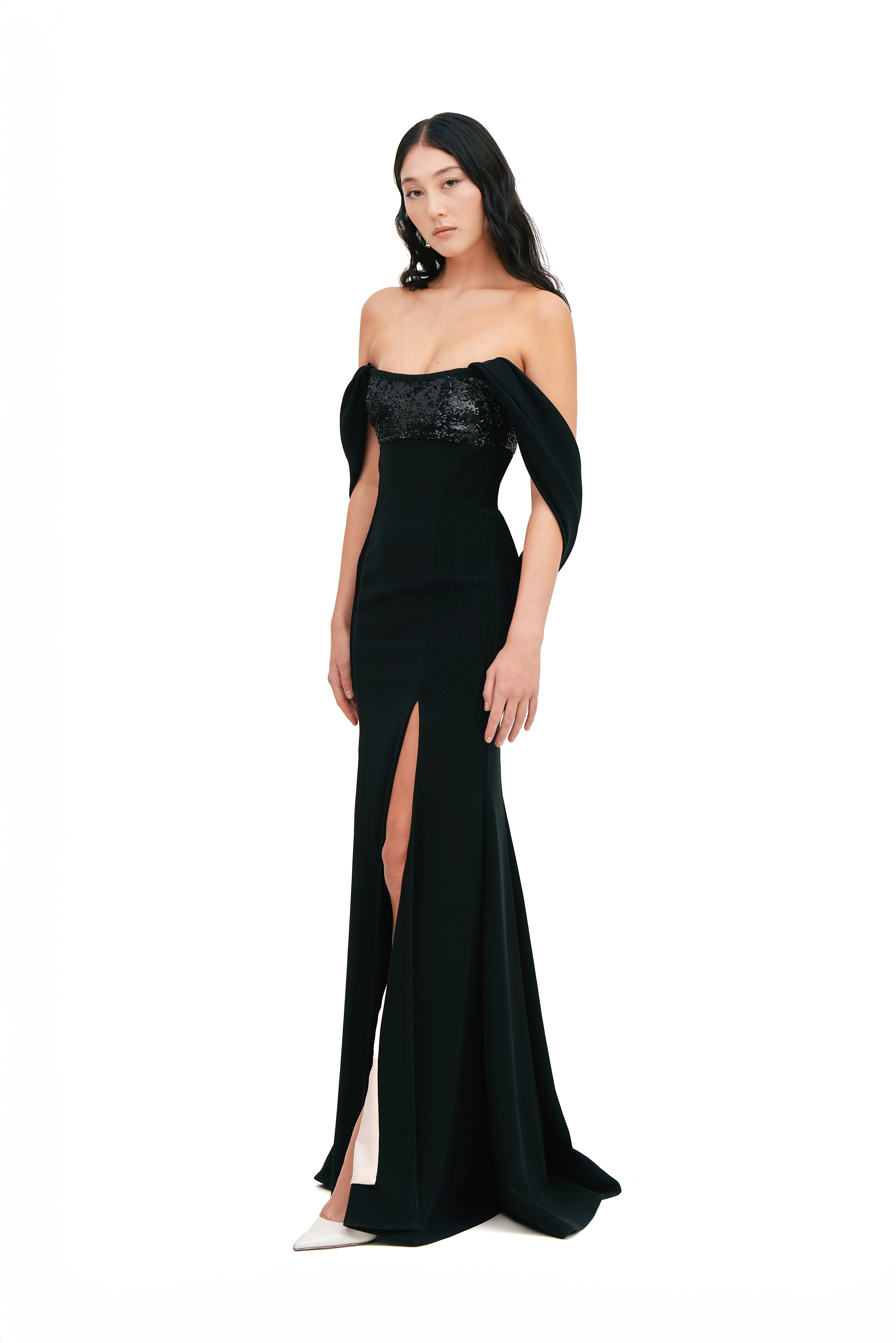 CRESCENT NECK CUT RIBS SILHOUETTE DRESS WITH DRAPE SHOULDERS