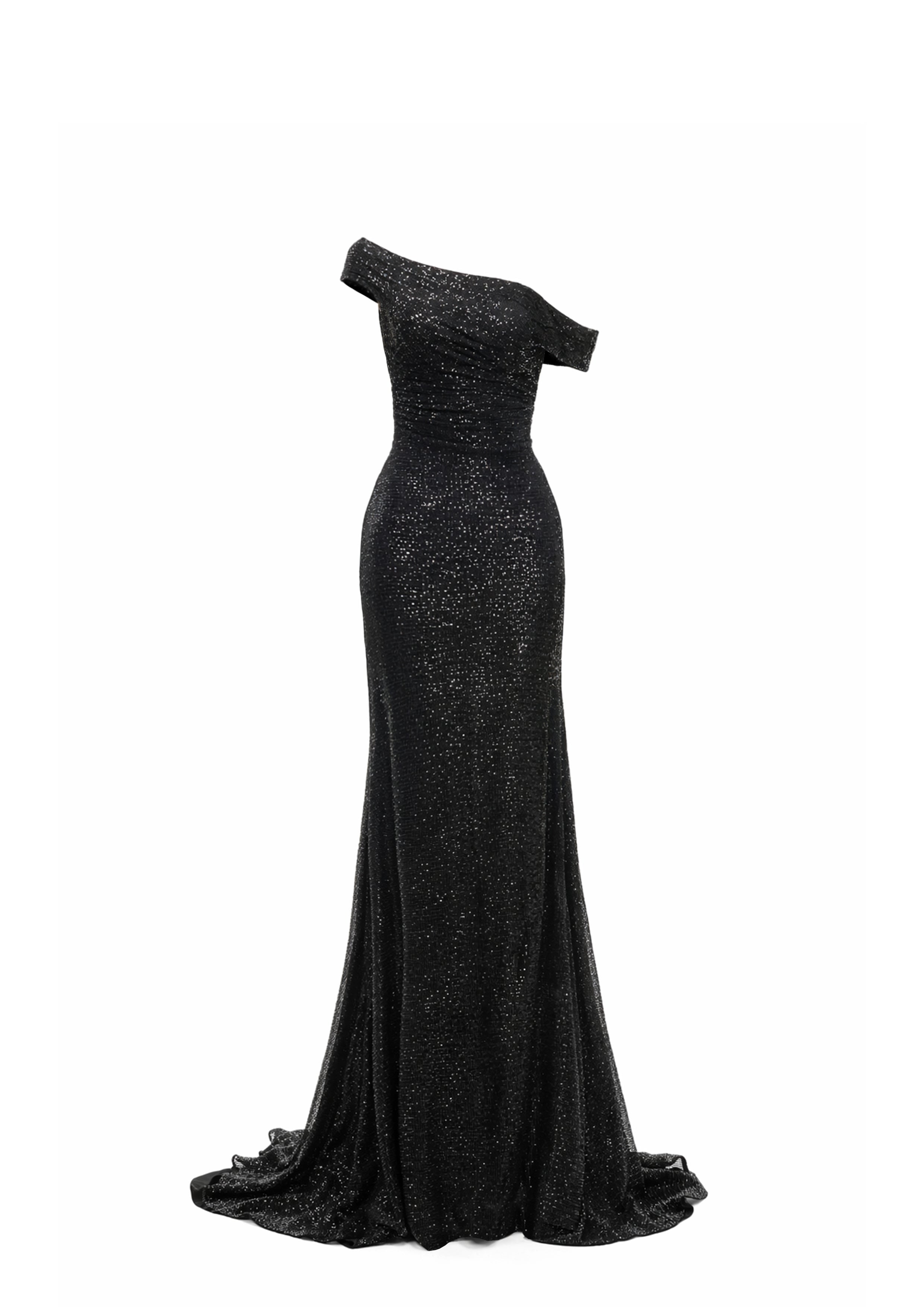 CRYSTAL DRAPED SHOULDER MAXI DRESS