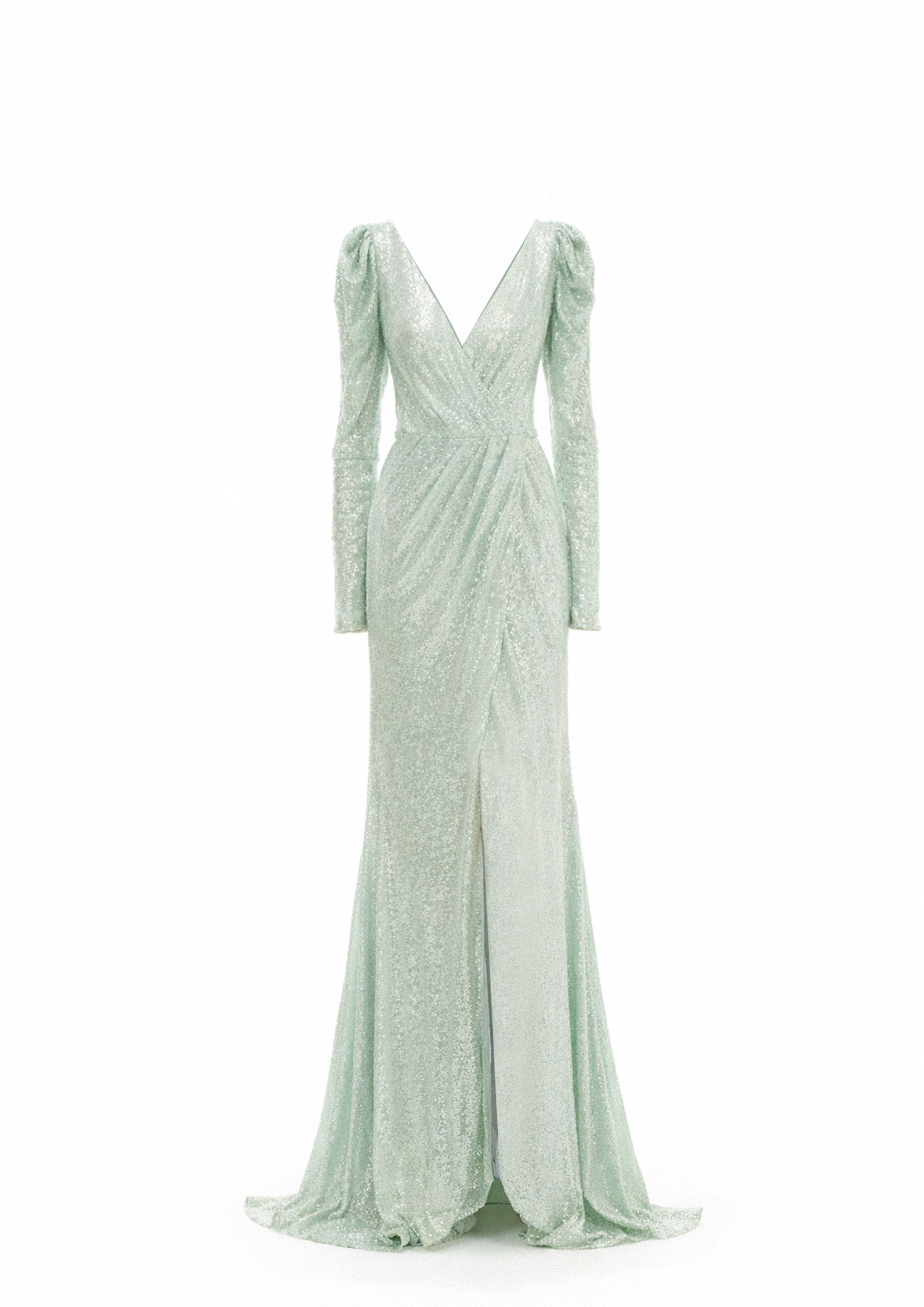 Mint green evening gown with Long-sleeve sequin dress fabric close-up, SS26