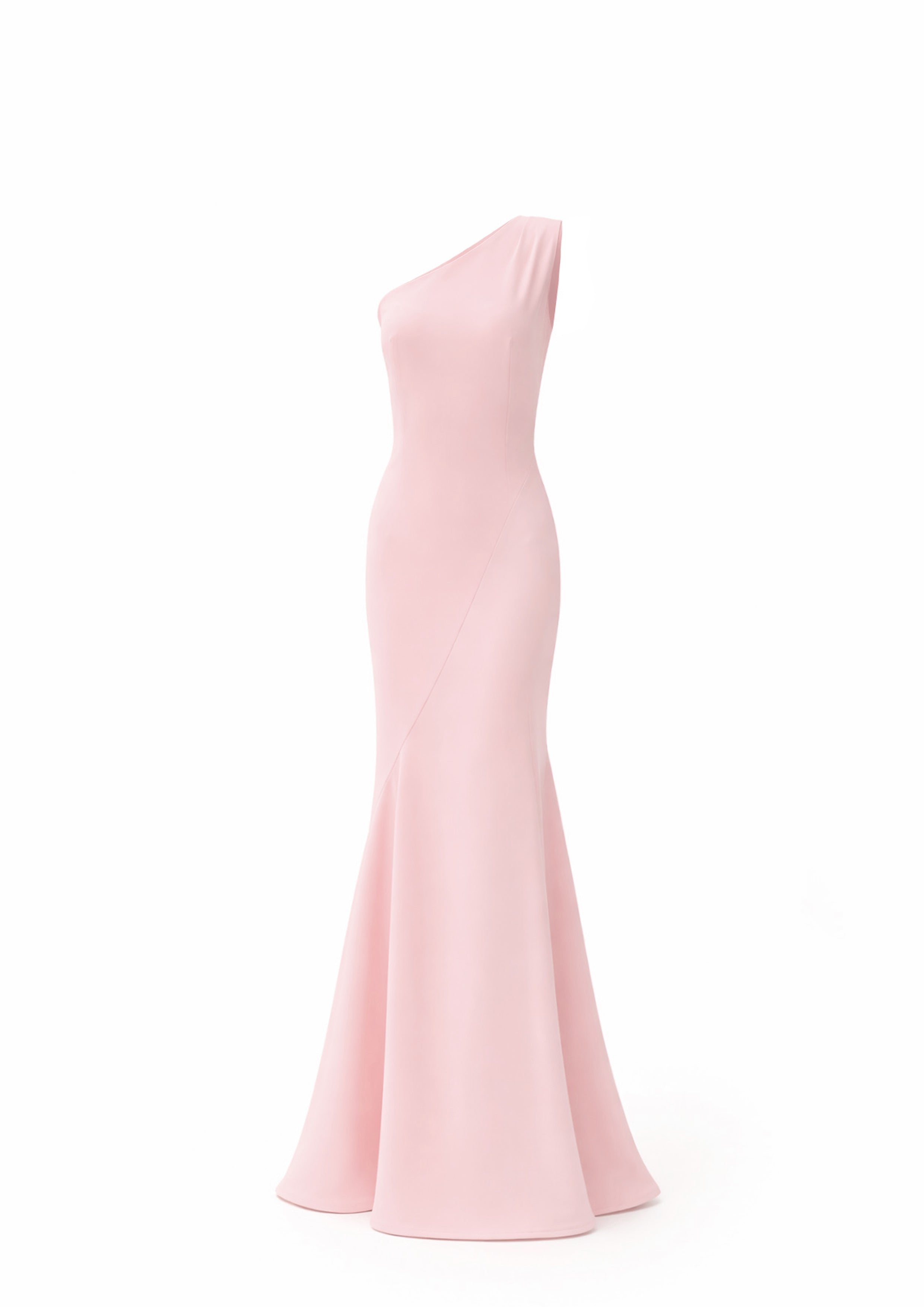 Pink one-shoulder evening gown on a white background