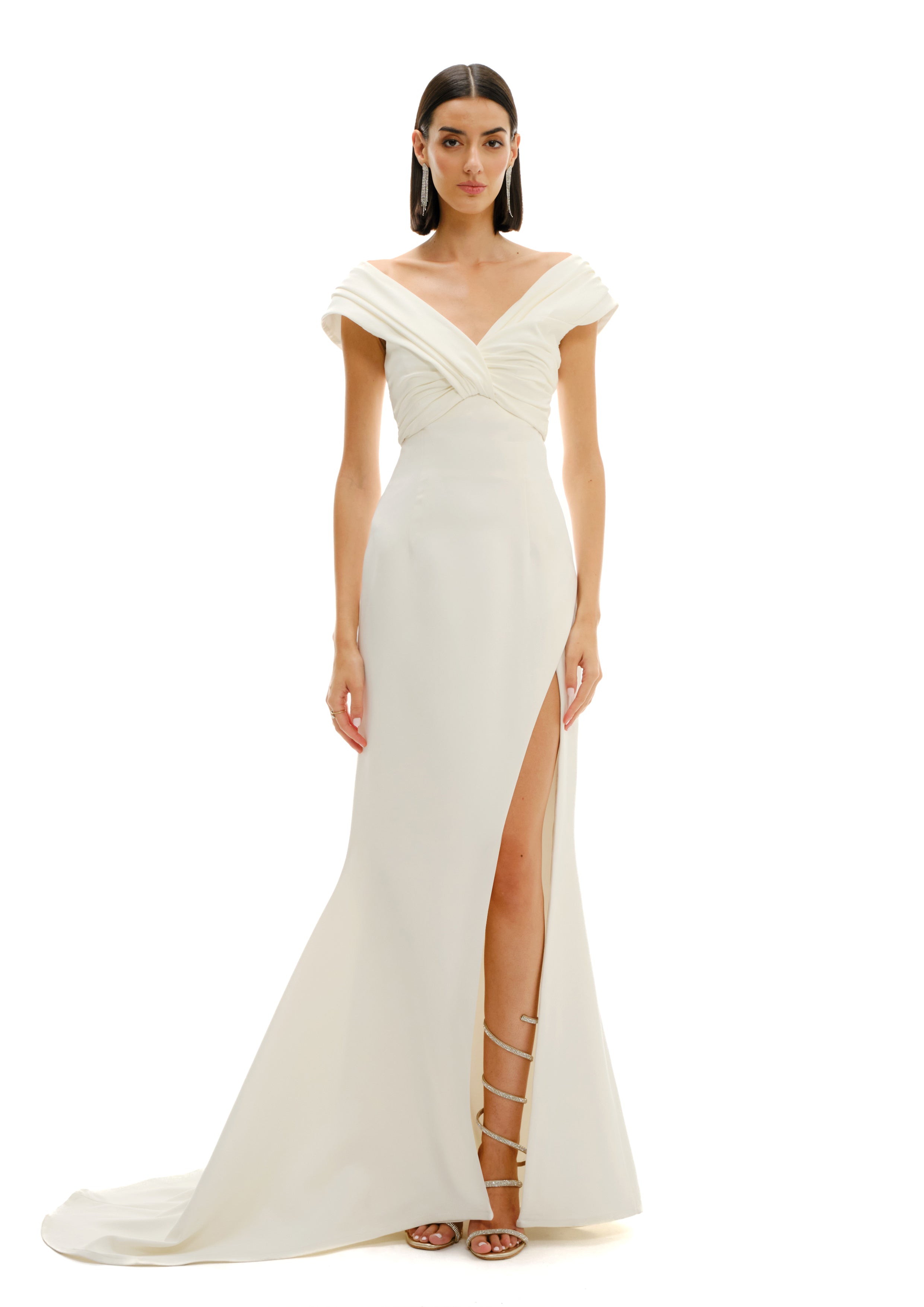 DRAPED V NECK MAXI DRESS WITH SLIT