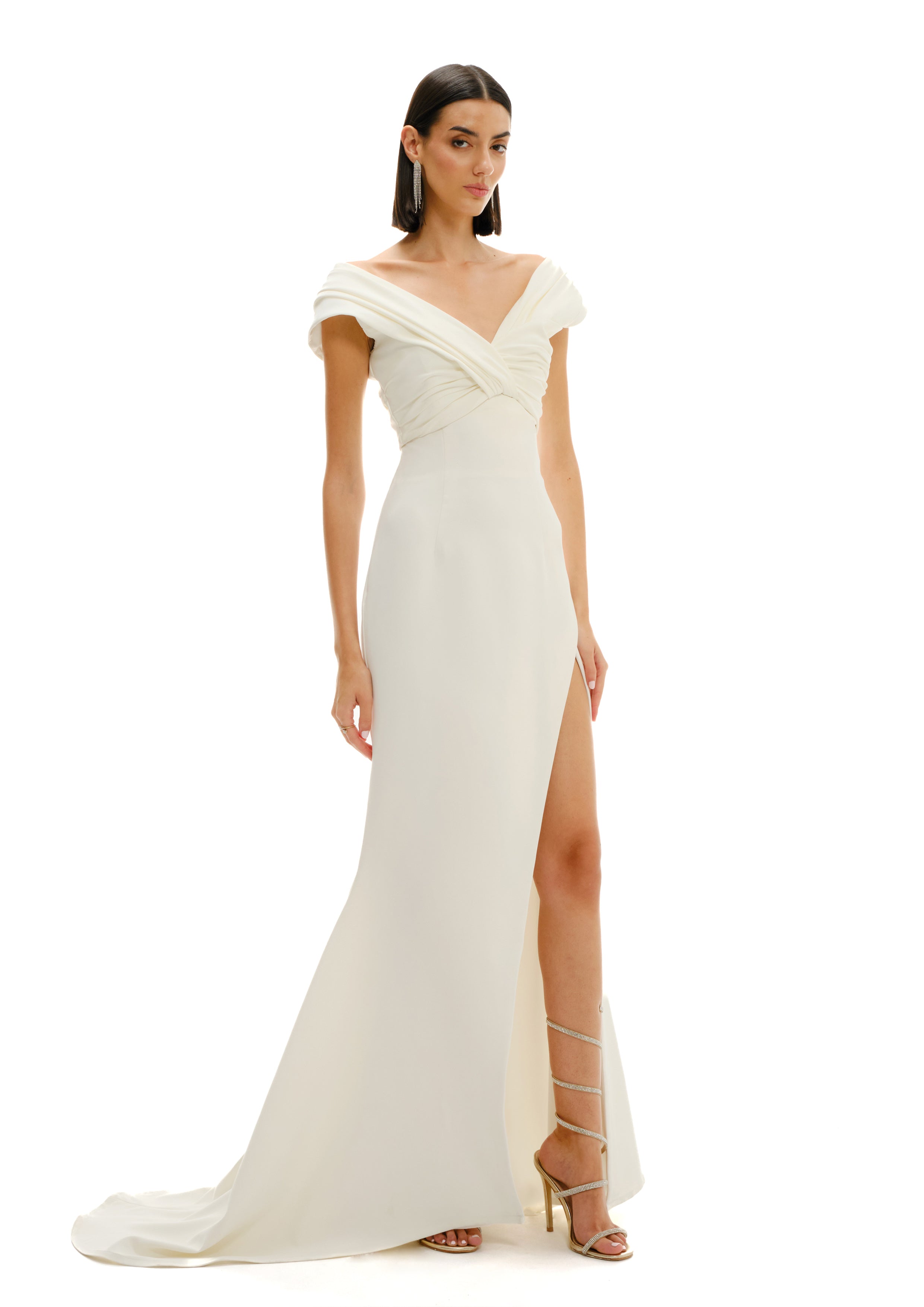 DRAPED V NECK MAXI DRESS WITH SLIT