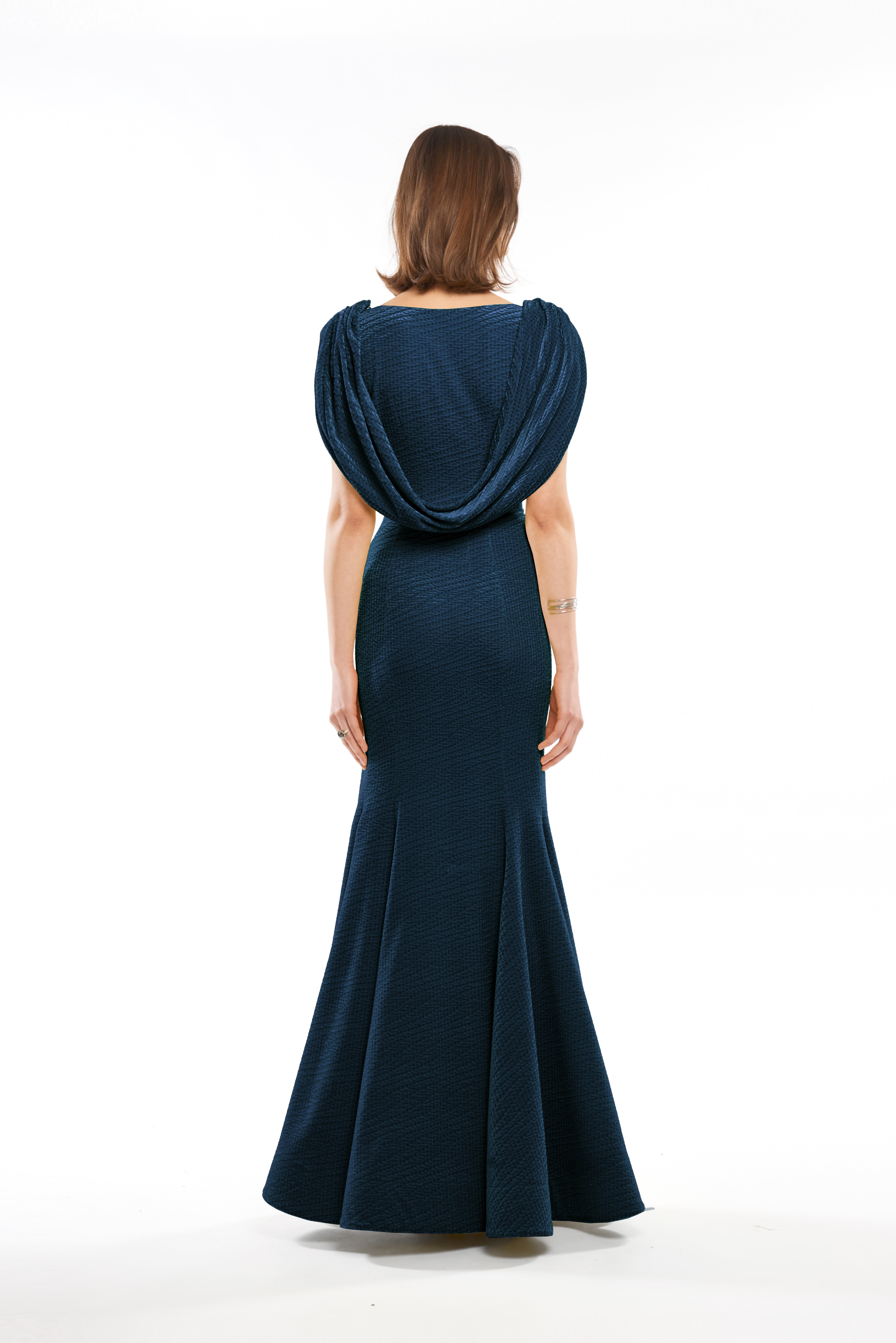 V-NECK PLEATED A DRESS WITH DRAPED FALL SHOULDER