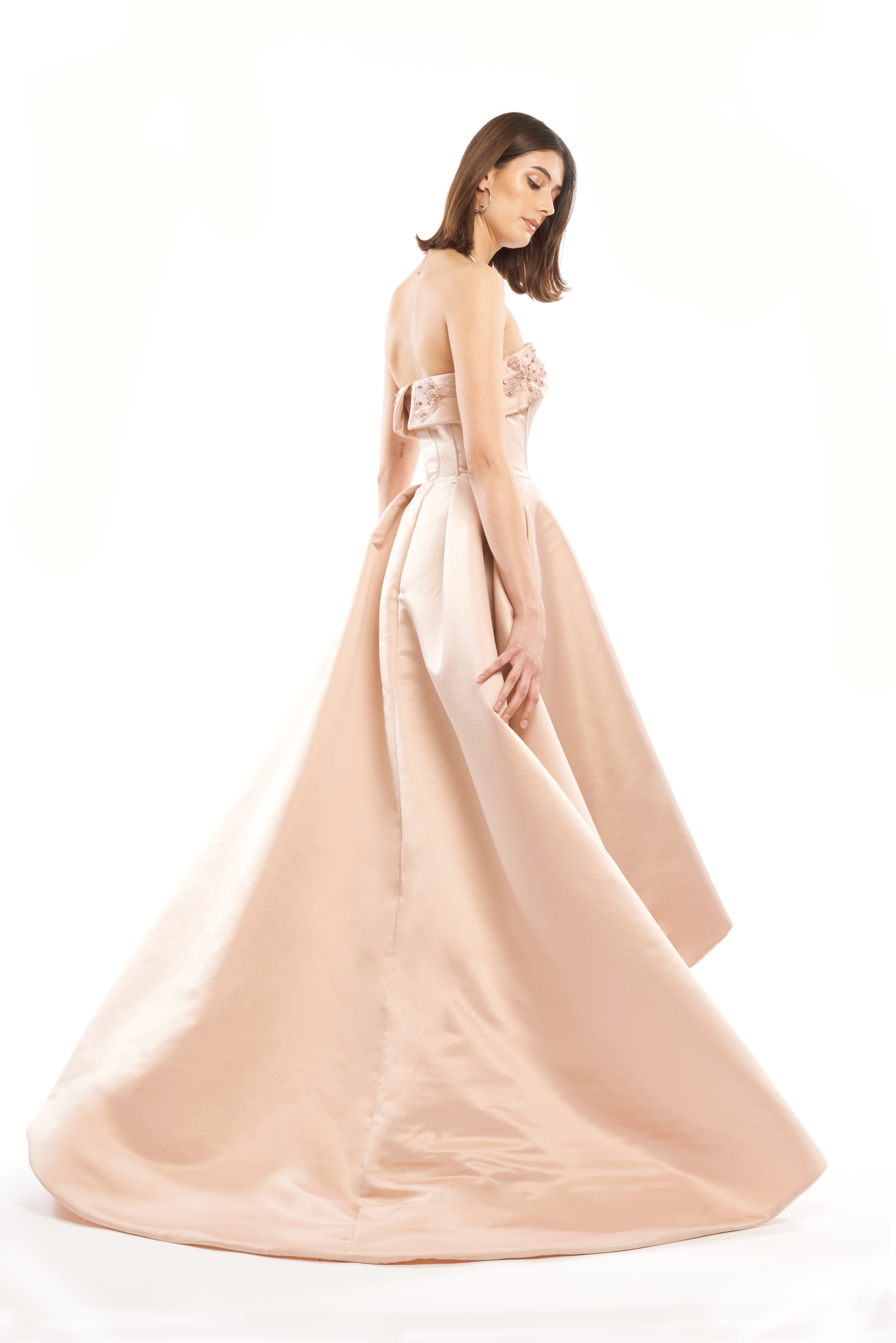 EMBELLISHED STRAPLESS BALL GOWN WITH ASYMMETRIC SKIRT