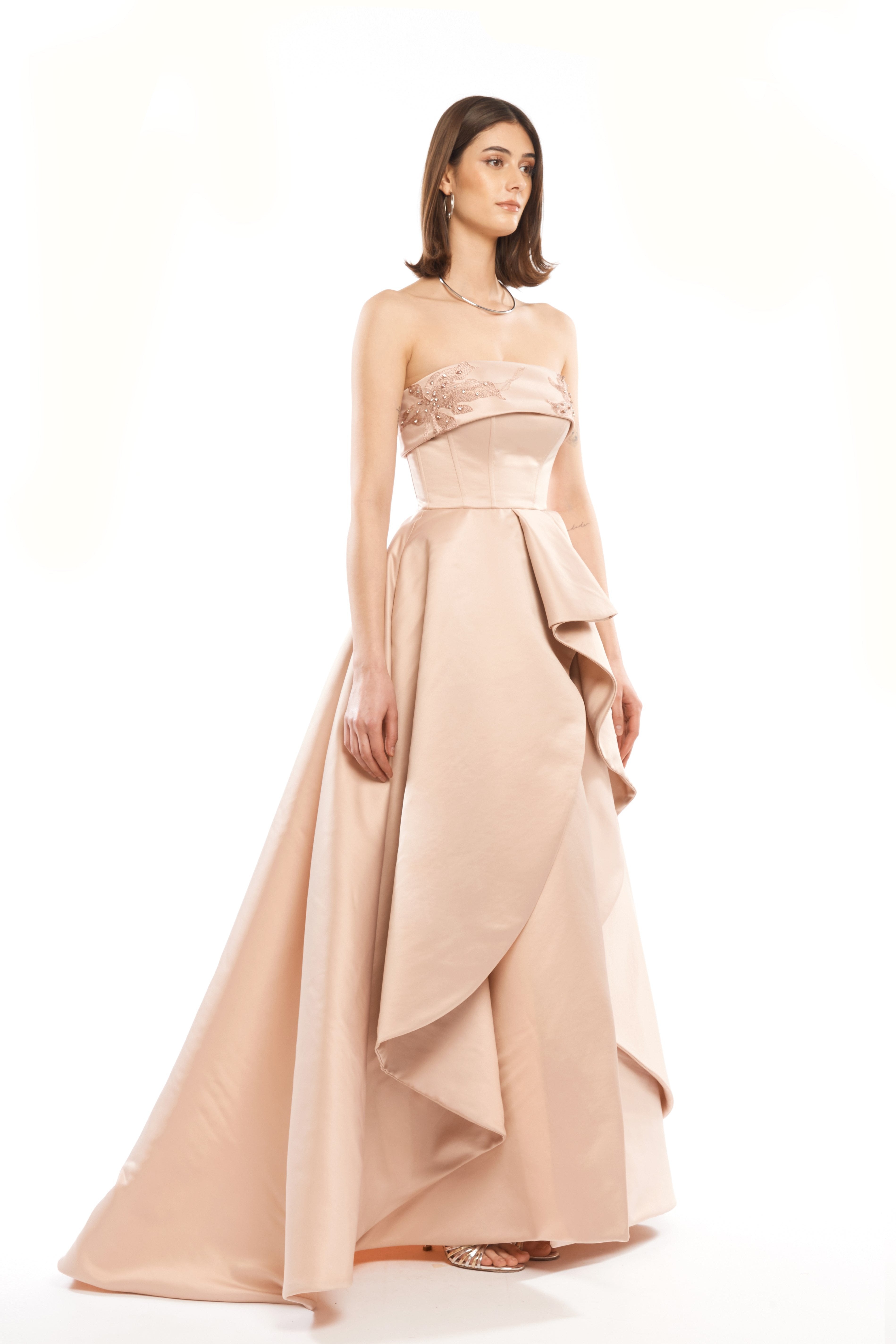 EMBELLISHED STRAPLESS BALL GOWN WITH ASYMMETRIC SKIRT