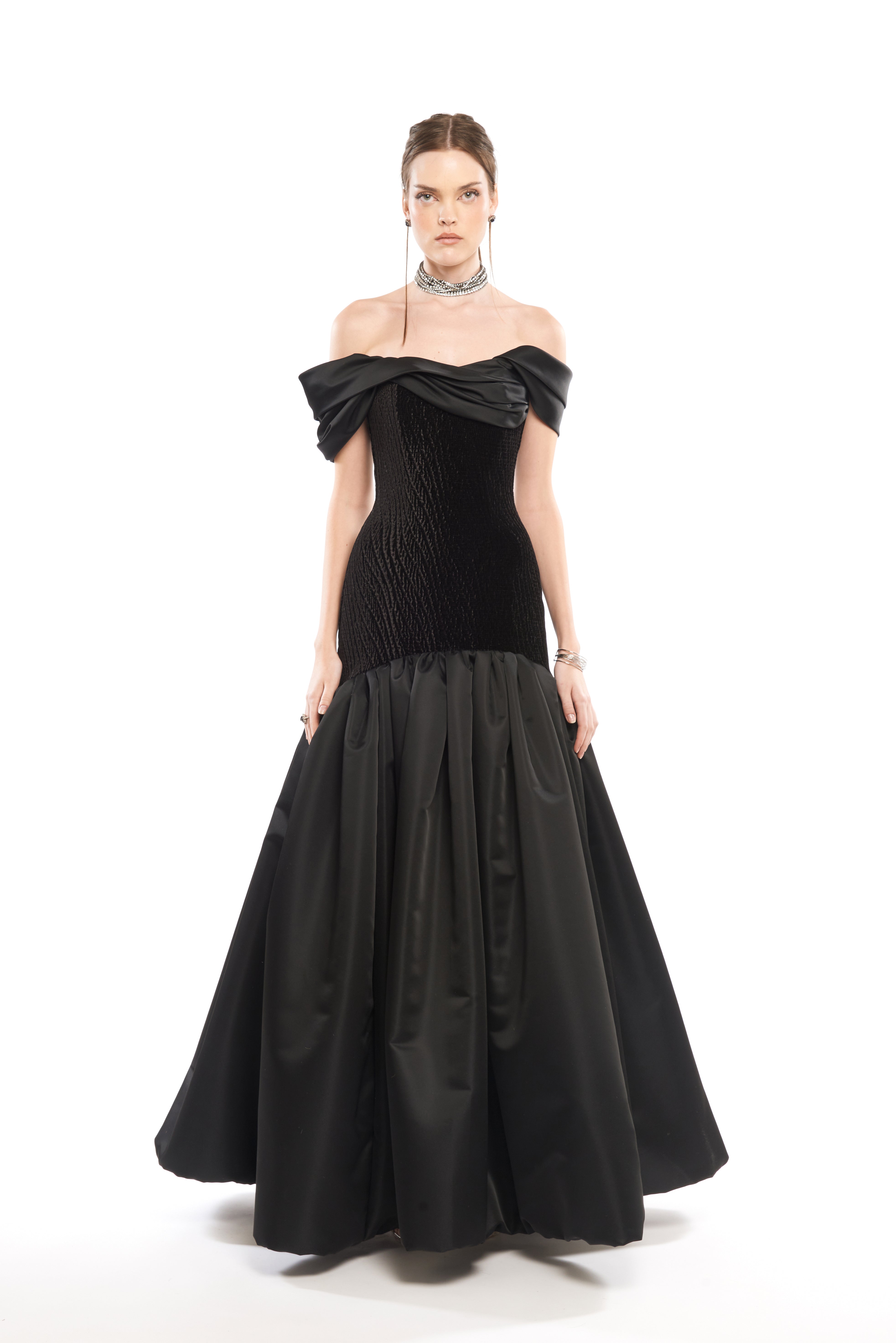 MAXI DRESS WITH DRAPED NECK AND BUBBLE HEM SKIRT