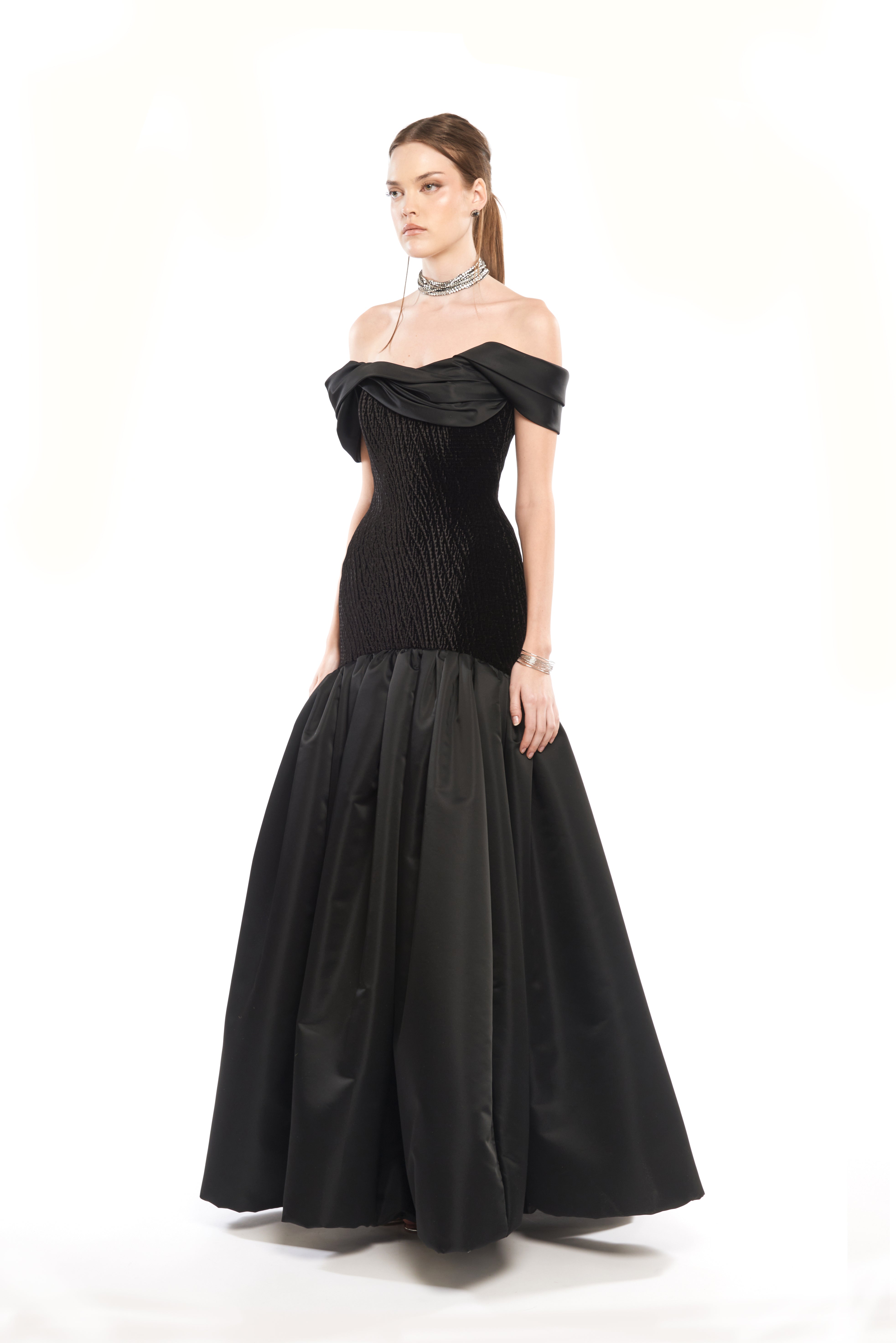 MAXI DRESS WITH DRAPED NECK AND BUBBLE HEM SKIRT