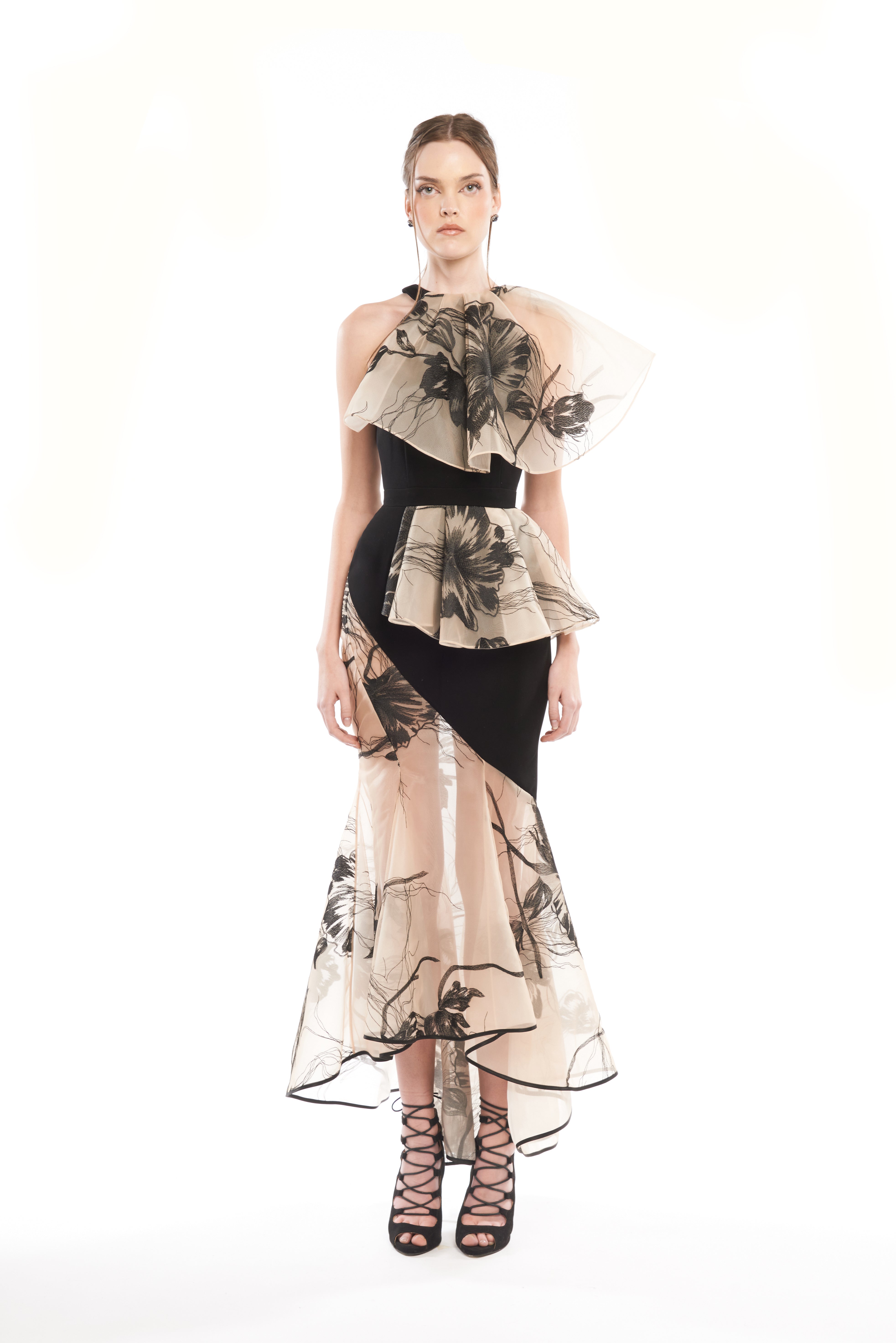 ASYMMETRIC HALTER DRESS WITH SHEER MAXI RUFFLES