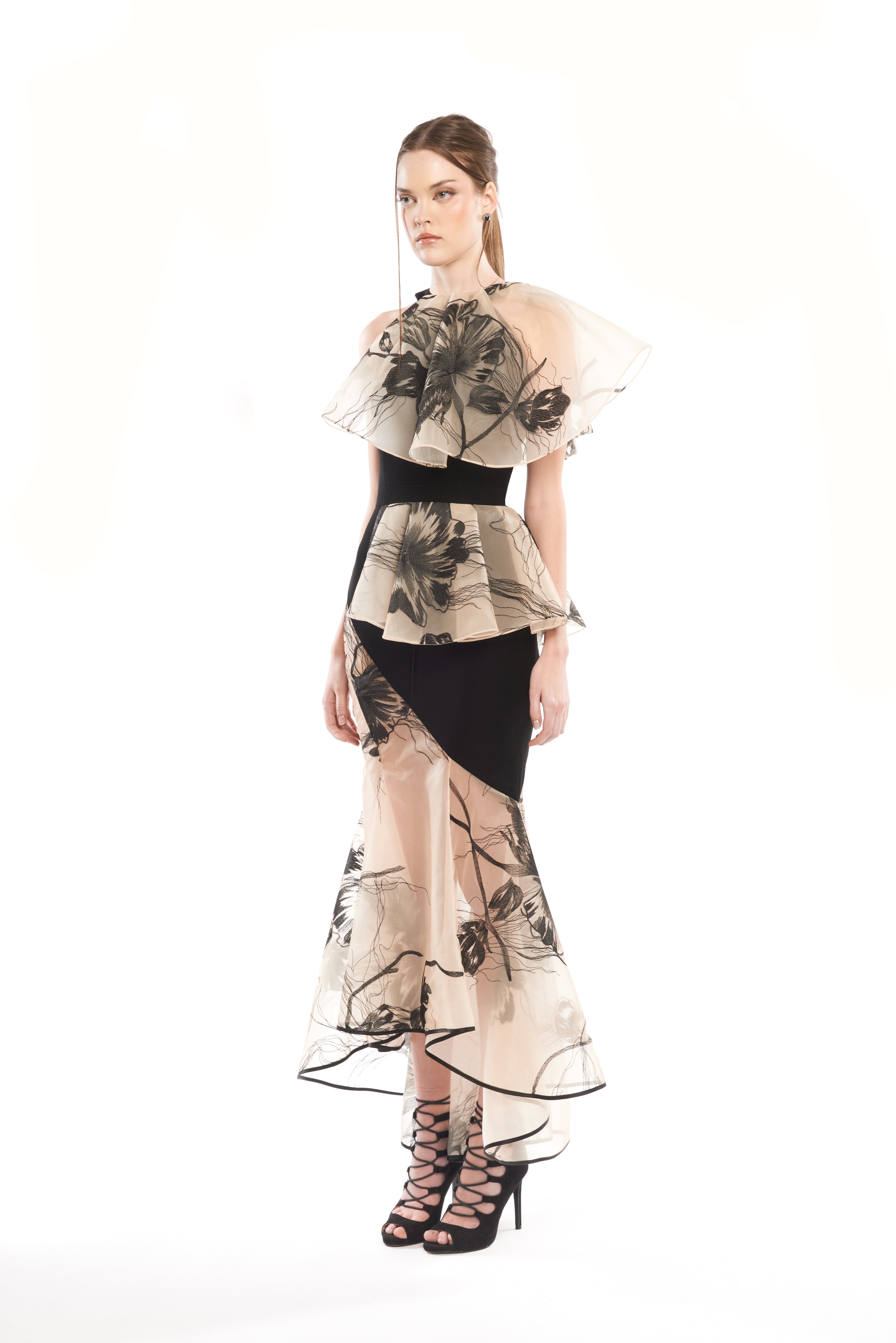 ASYMMETRIC HALTER DRESS WITH SHEER MAXI RUFFLES