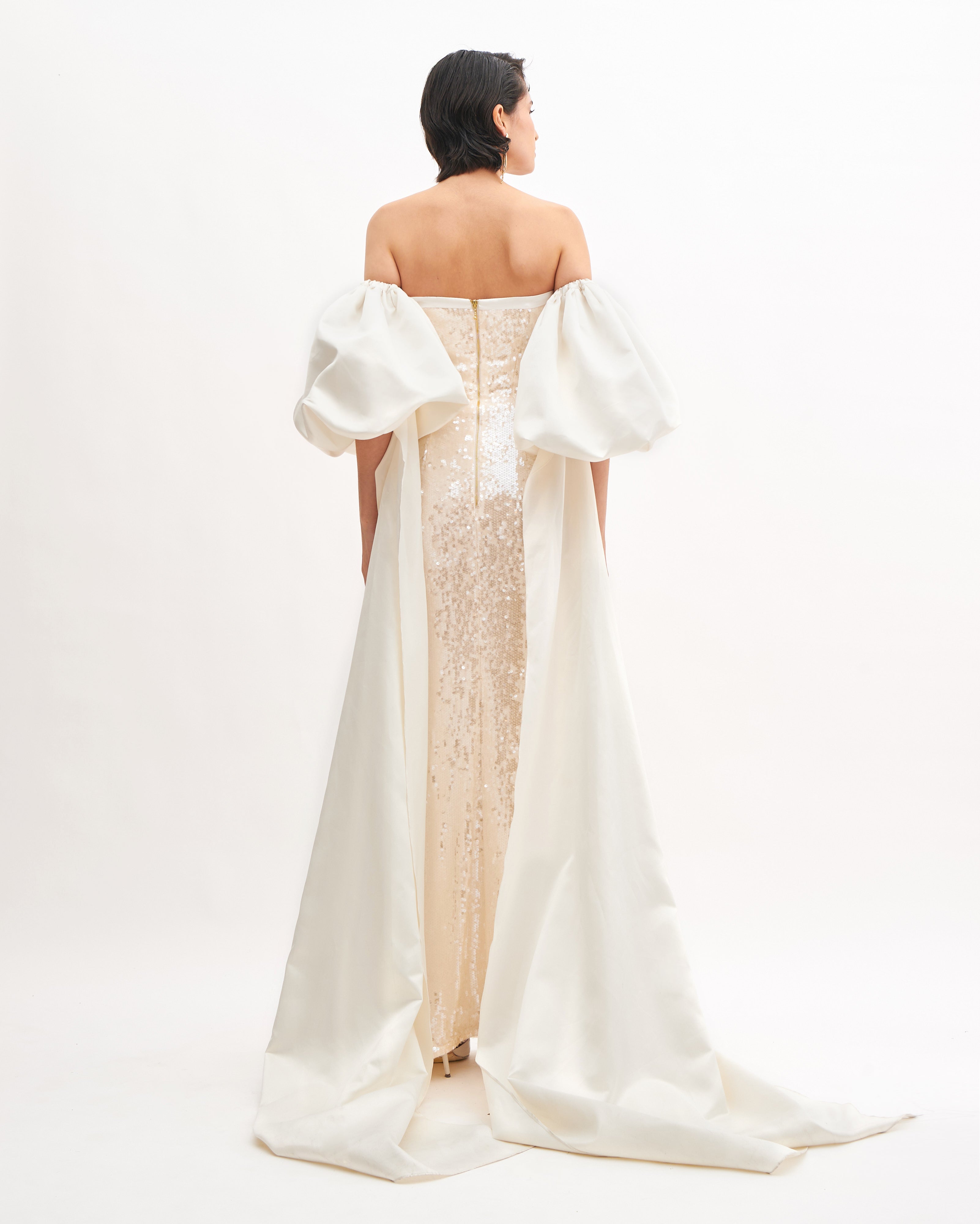 SILHOUETTE DRESS WITH CASCADE SLEEVES