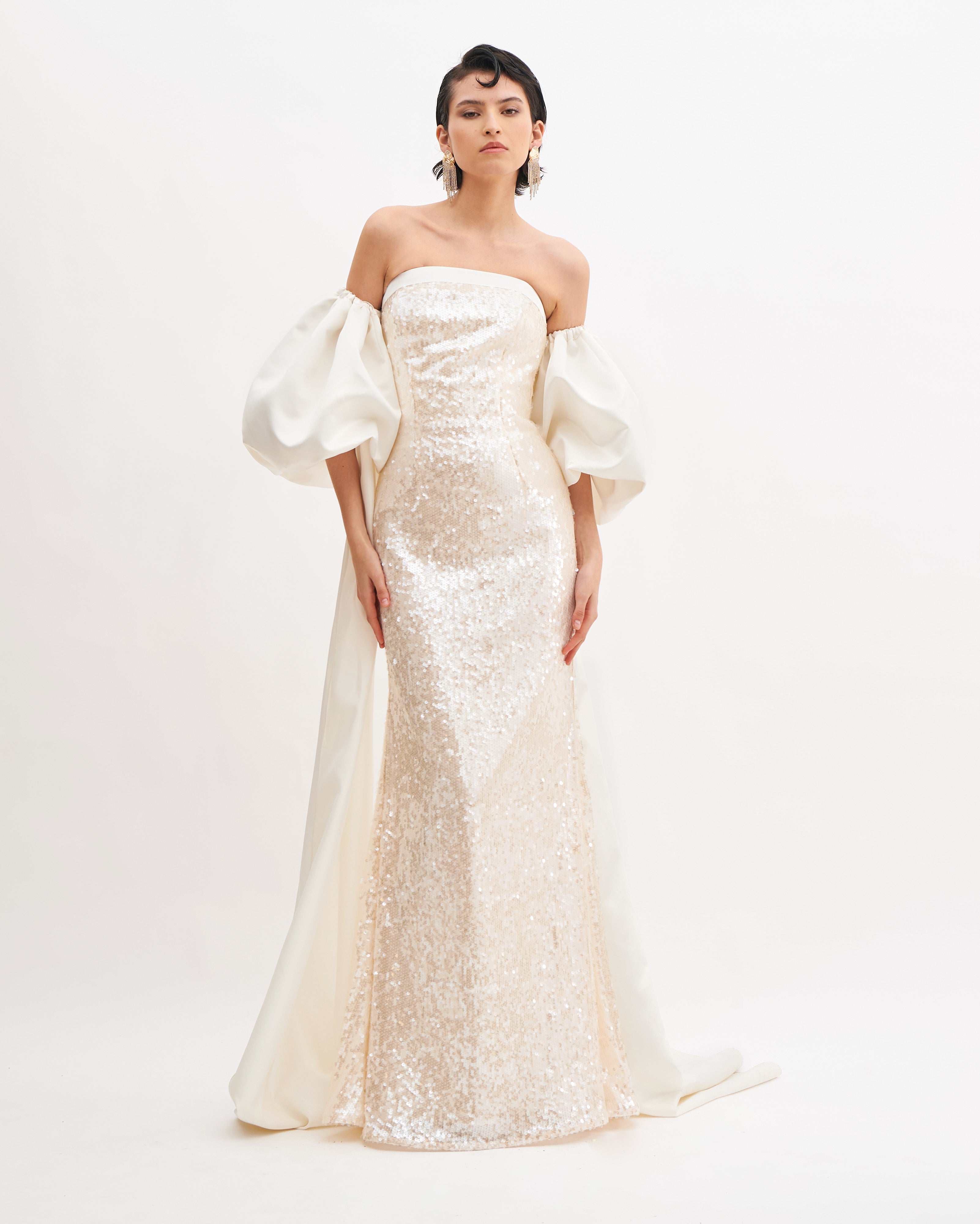 SILHOUETTE DRESS WITH CASCADE SLEEVES