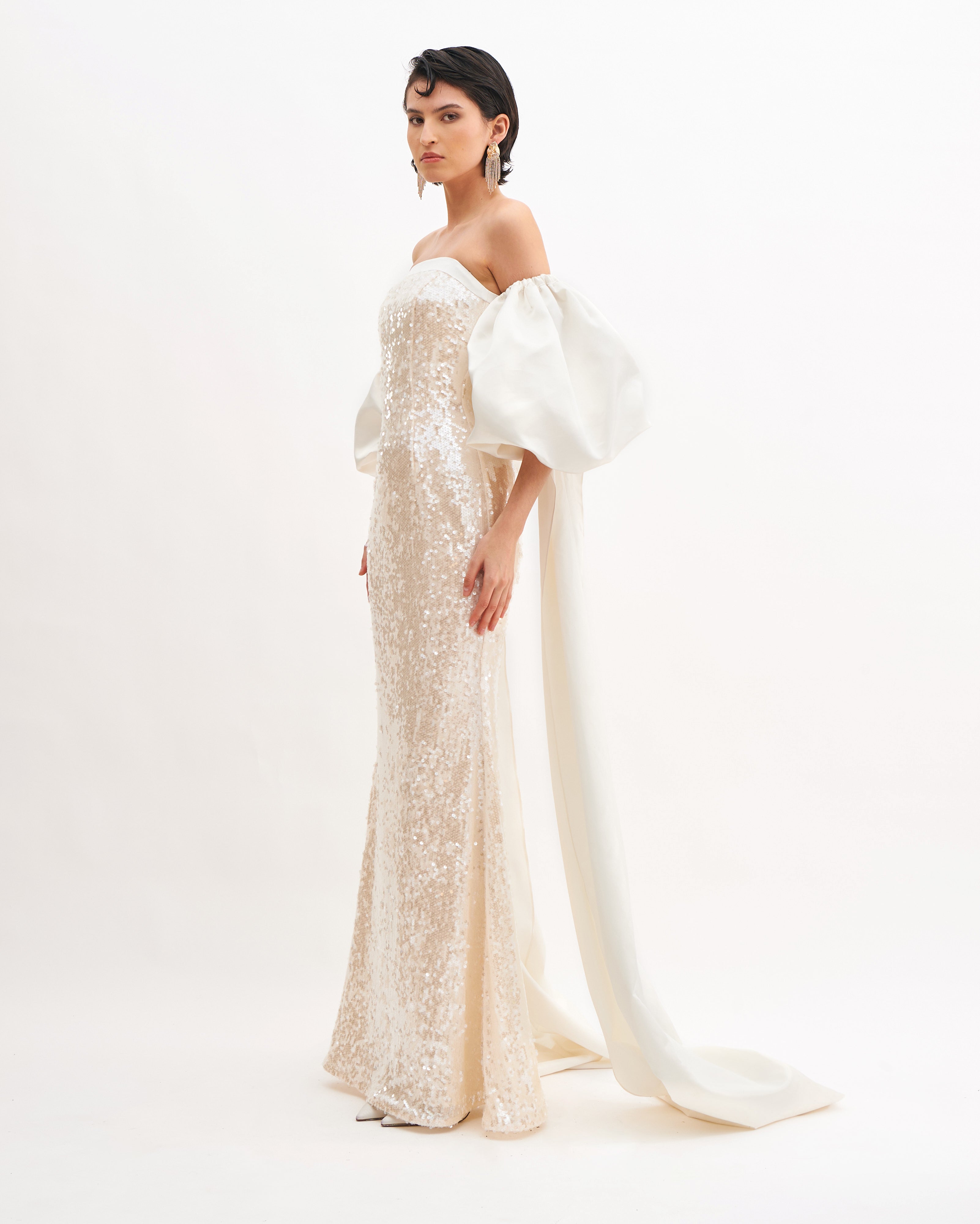 SILHOUETTE DRESS WITH CASCADE SLEEVES