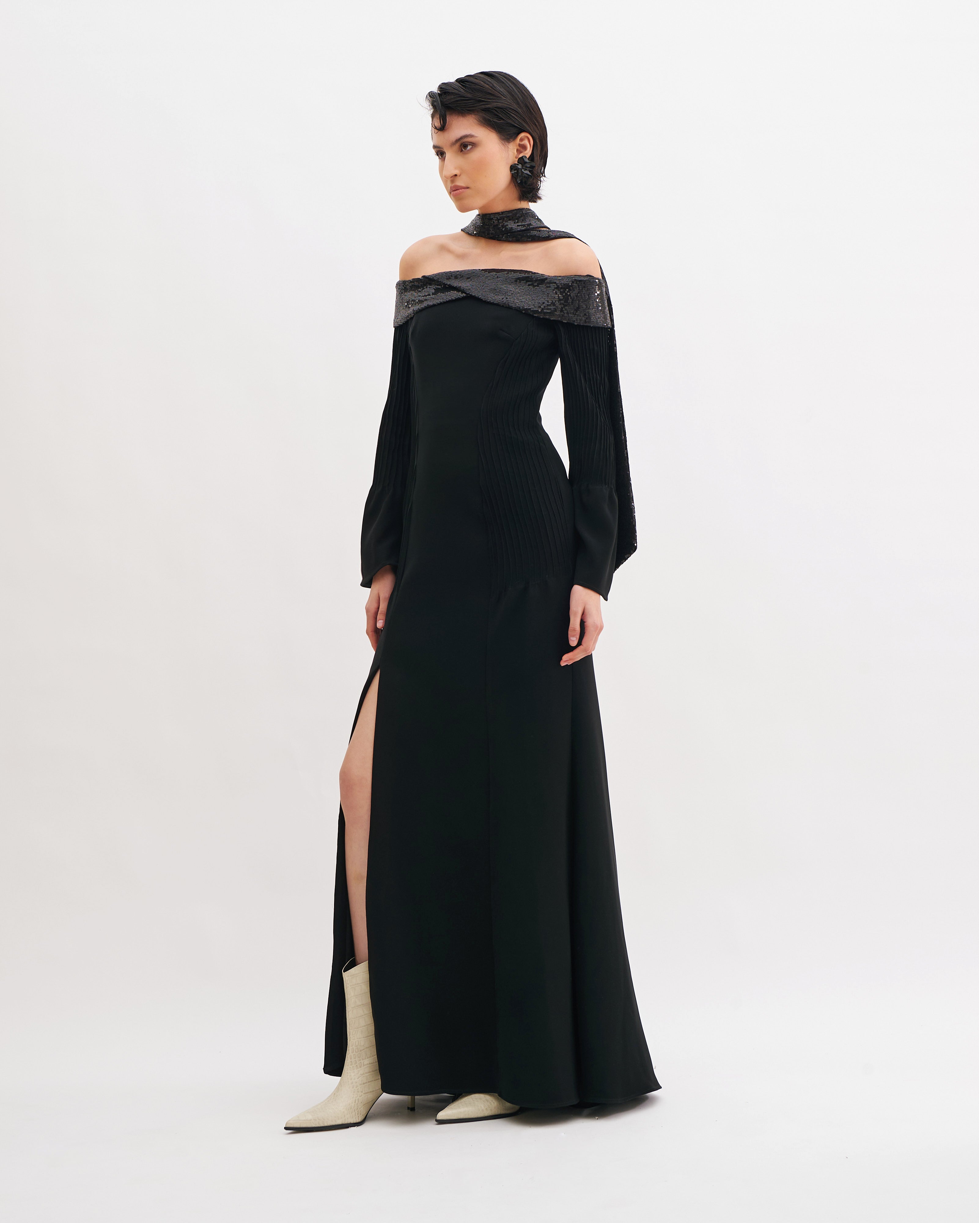 OFF-SHOULDER MAXI DRESS WITH SEQUINS AND LONG SLEEVES