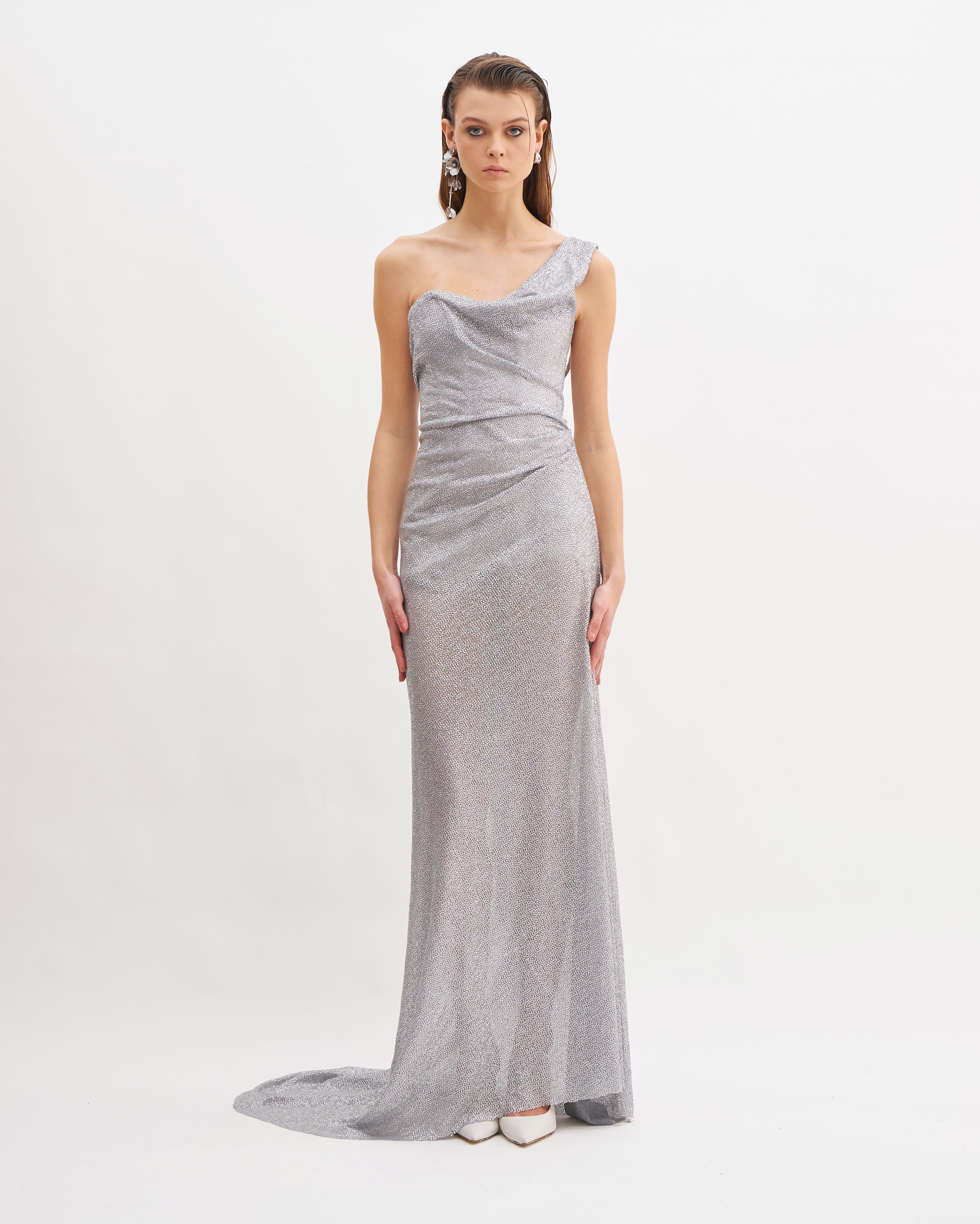 MOONLIT CRYSTAL MAXI MONOSHOULDER DRESS