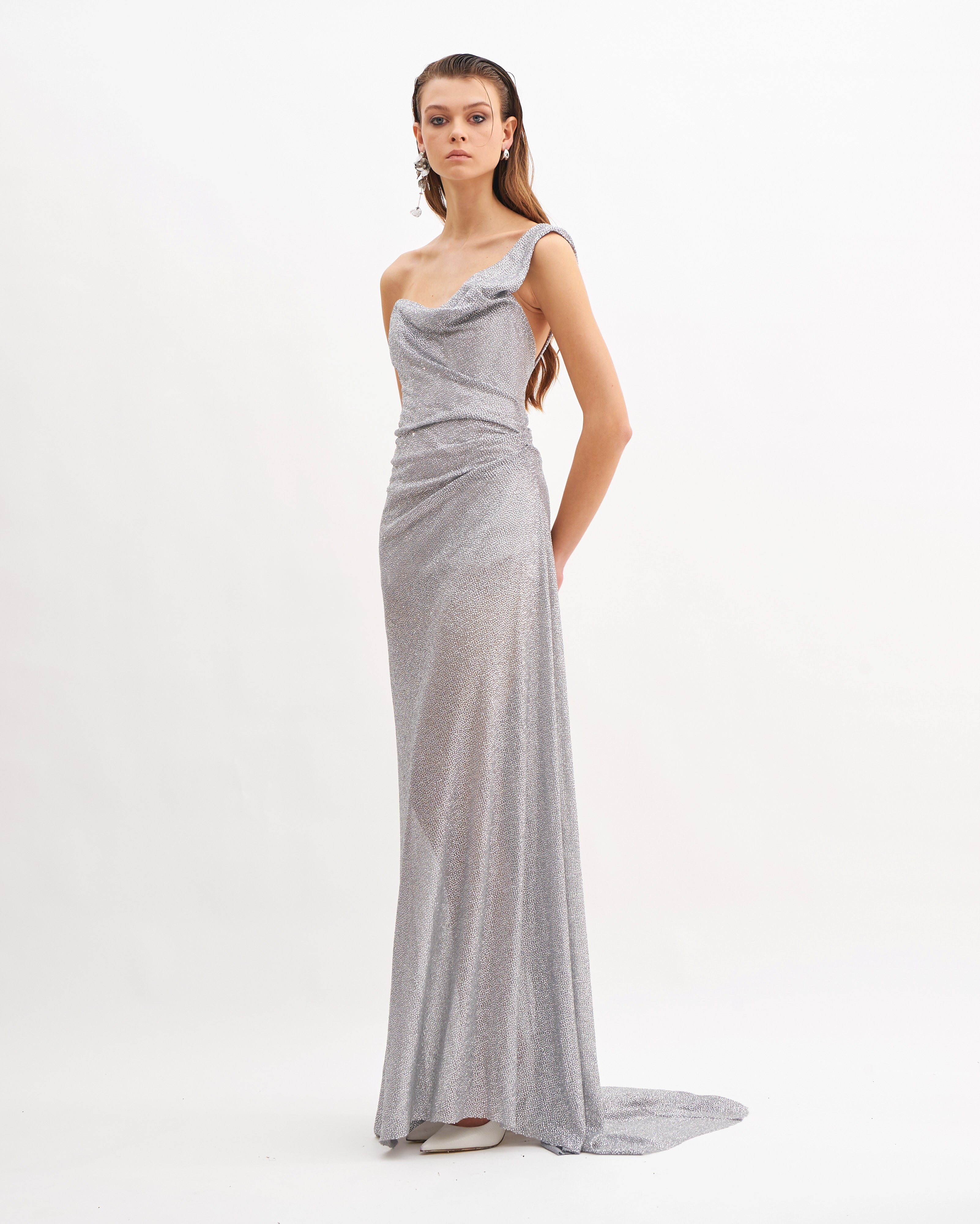 MOONLIT CRYSTAL MAXI MONOSHOULDER DRESS