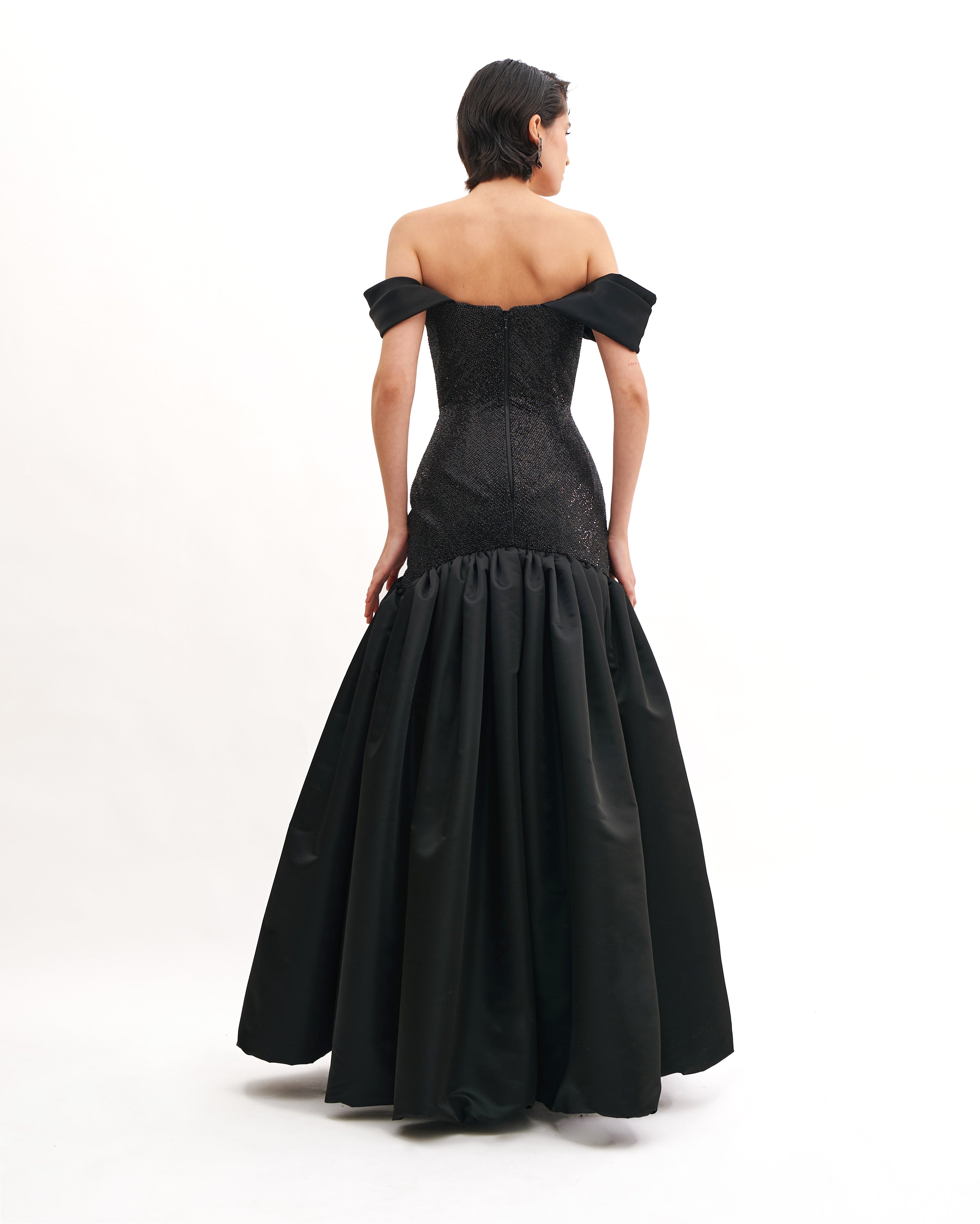 DRAPED SHOULDERS CRYSTAL GOWN WITH HOURGLASS FLARE SKIRT