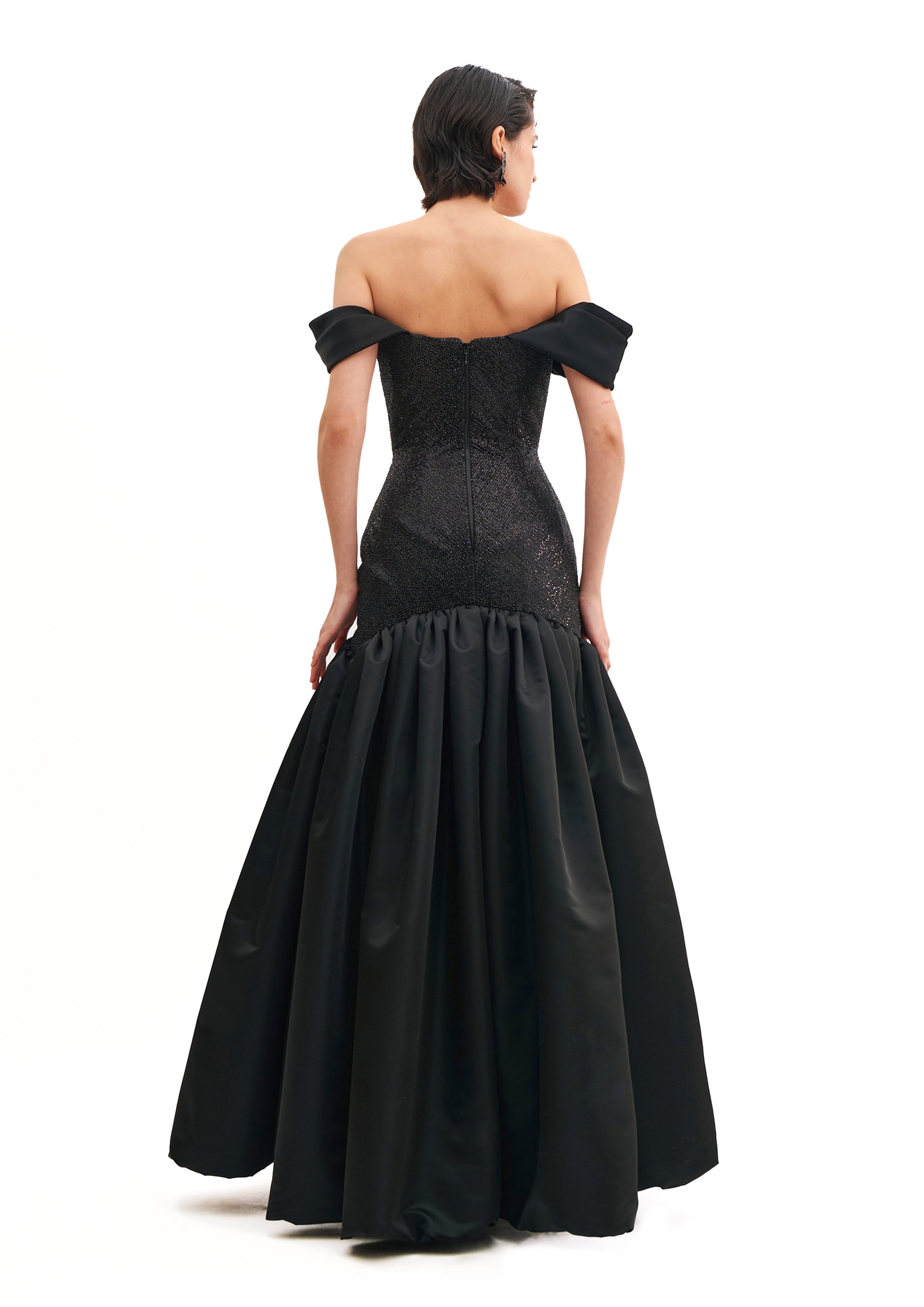 DRAPED SHOULDERS CRYSTAL GOWN WITH HOURGLASS FLARE SKIRT