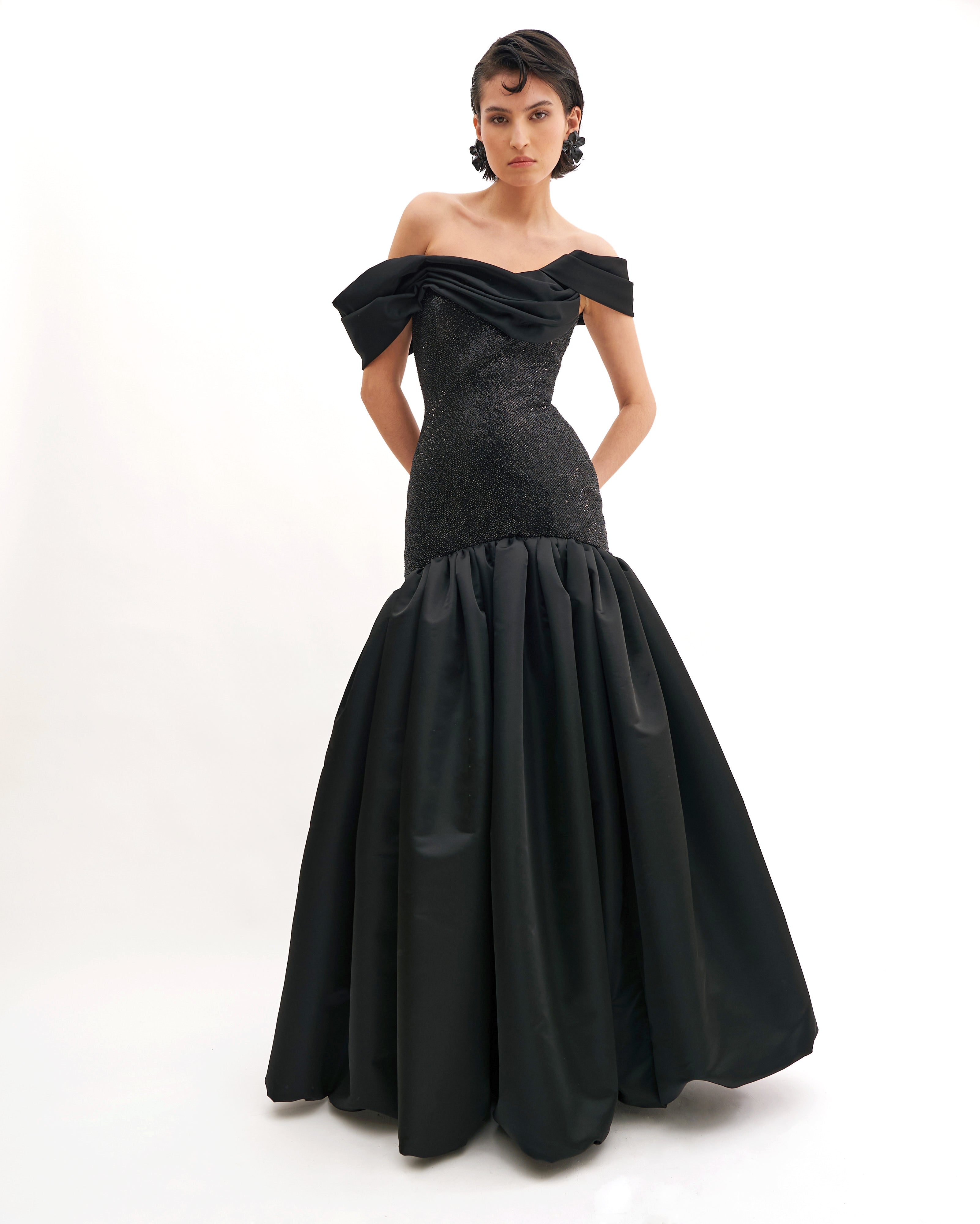 DRAPED SHOULDERS CRYSTAL GOWN WITH HOURGLASS FLARE SKIRT
