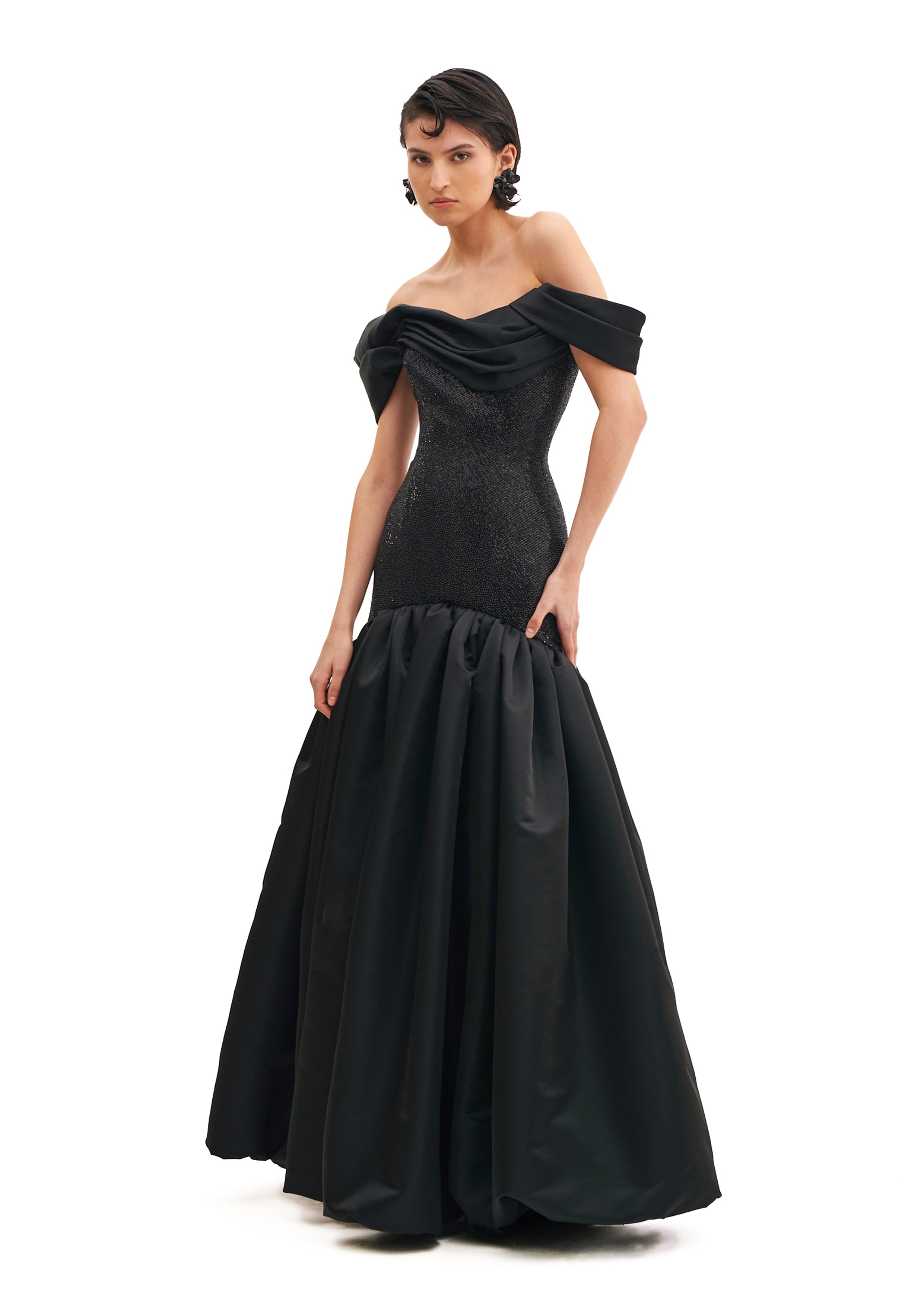 DRAPED SHOULDERS CRYSTAL GOWN WITH HOURGLASS FLARE SKIRT