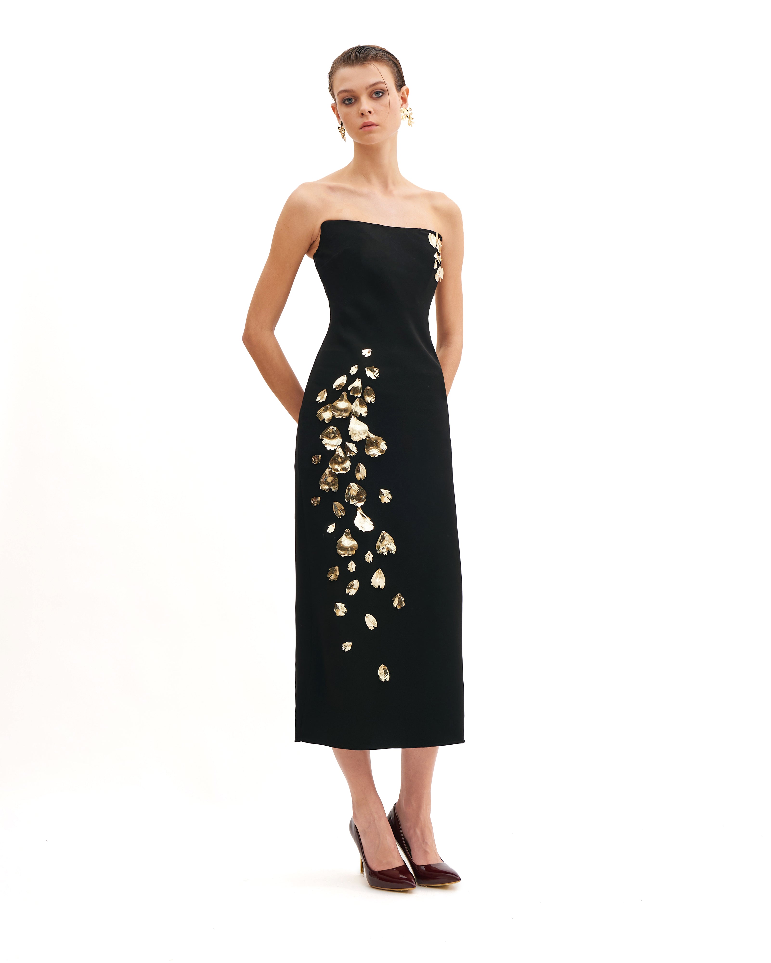 CORSETED TUBE DRESS WITH FOGLIA D’ORO
