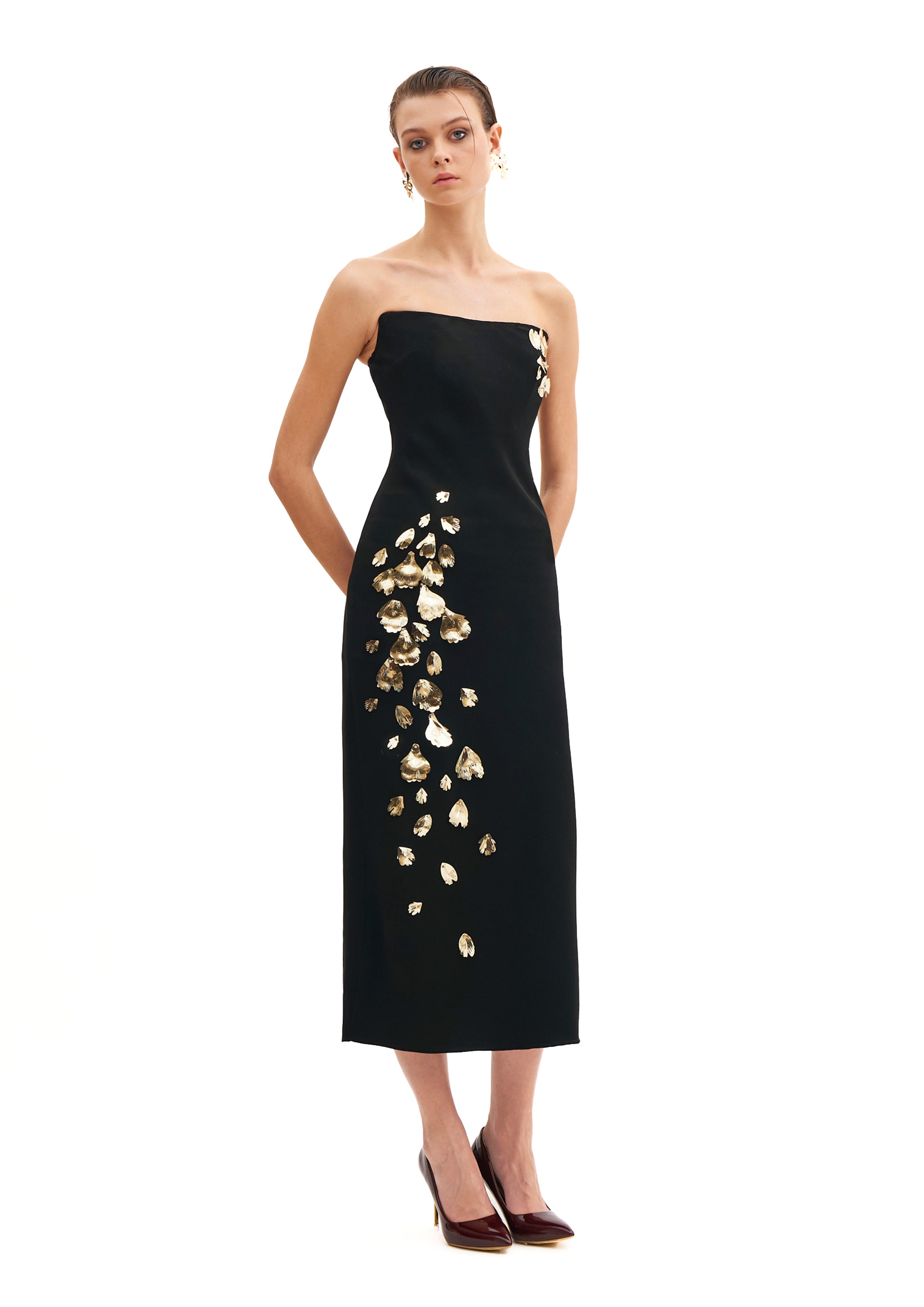 CORSETED TUBE DRESS WITH FOGLIA D’ORO