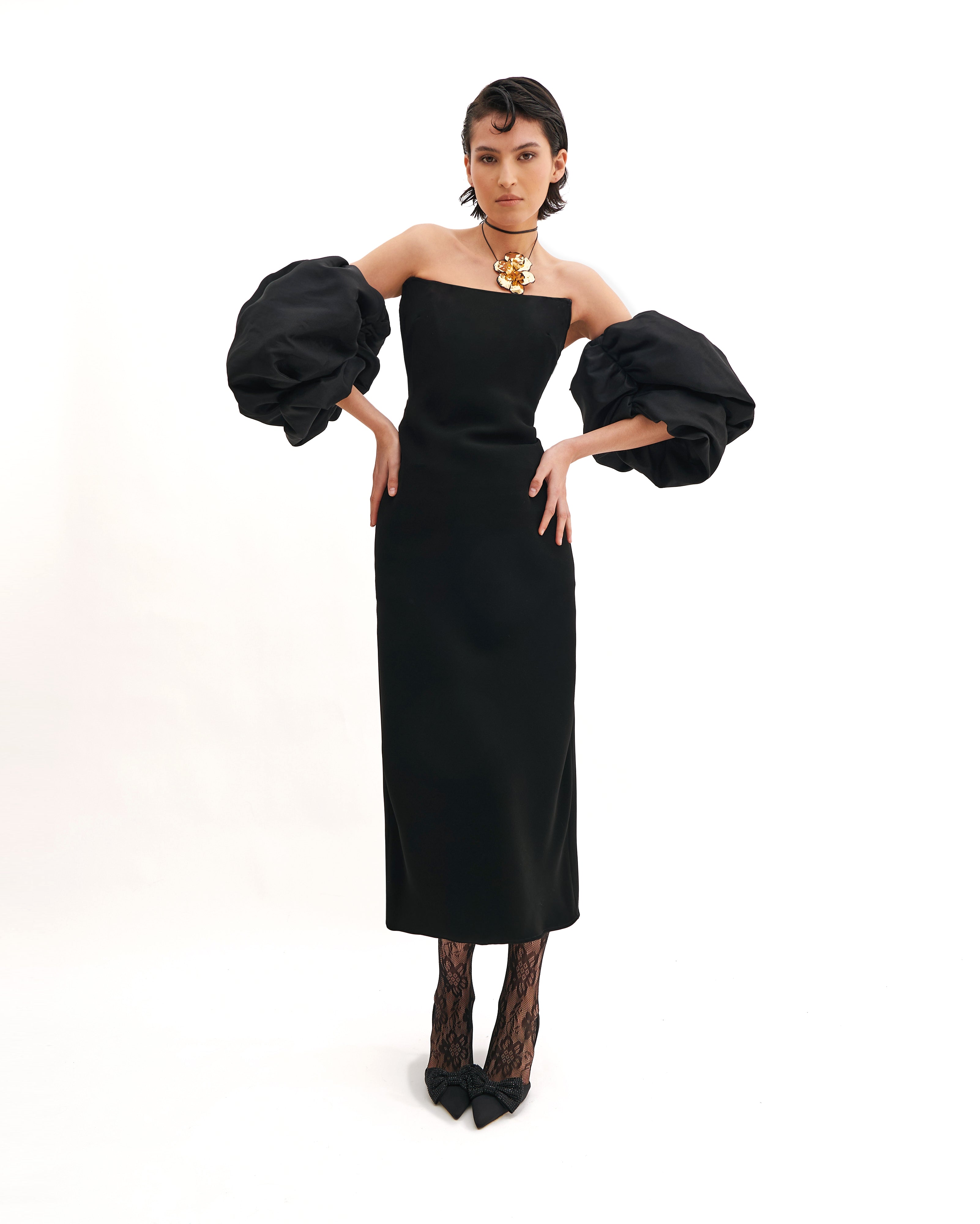 CORSETED TUBE DRESS WITH PUFFY SLEEVES