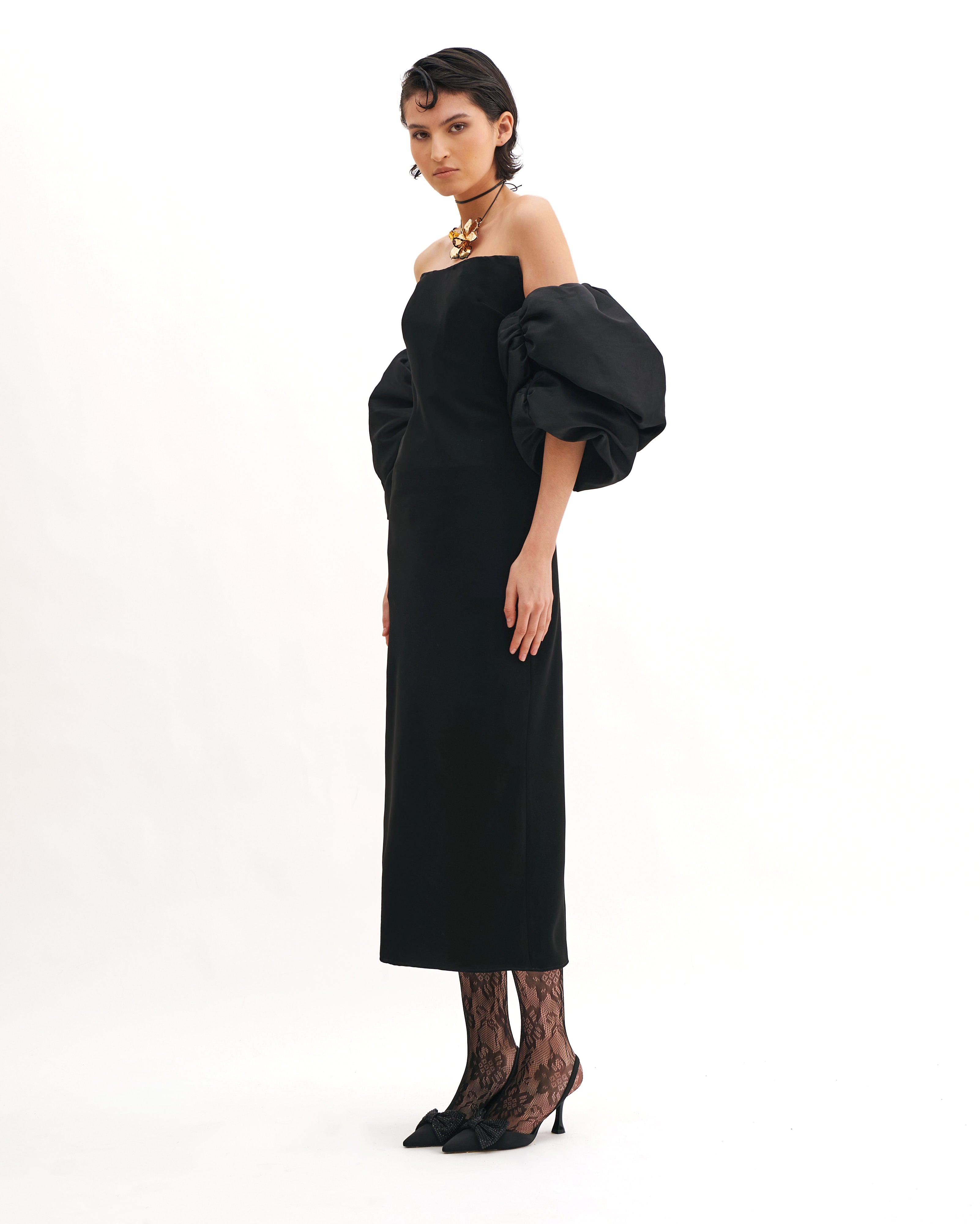 CORSETED TUBE DRESS WITH PUFFY SLEEVES