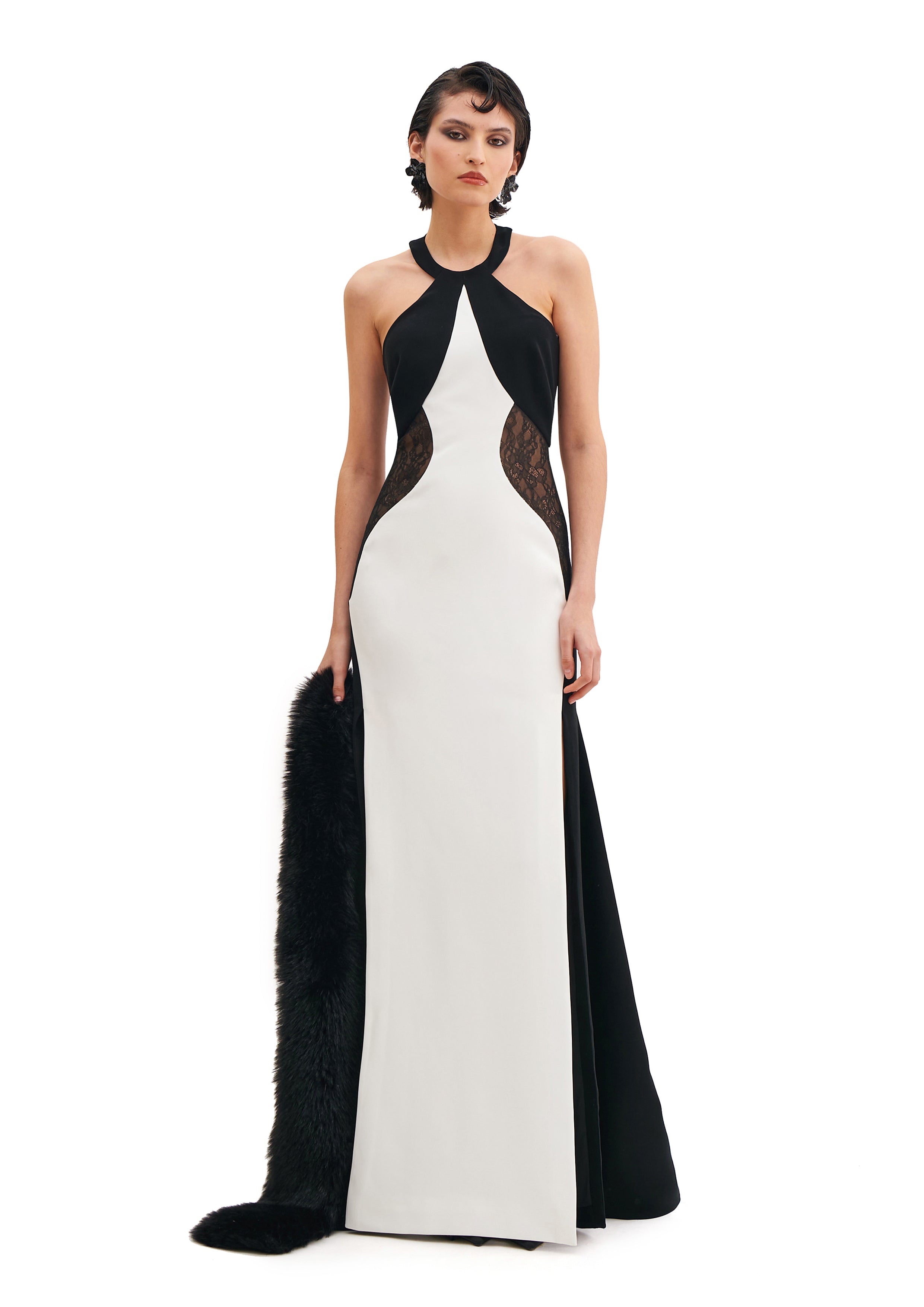 HALTER NECK CRISS-CROSS MAXI DRESS WITH LACE INSERTS