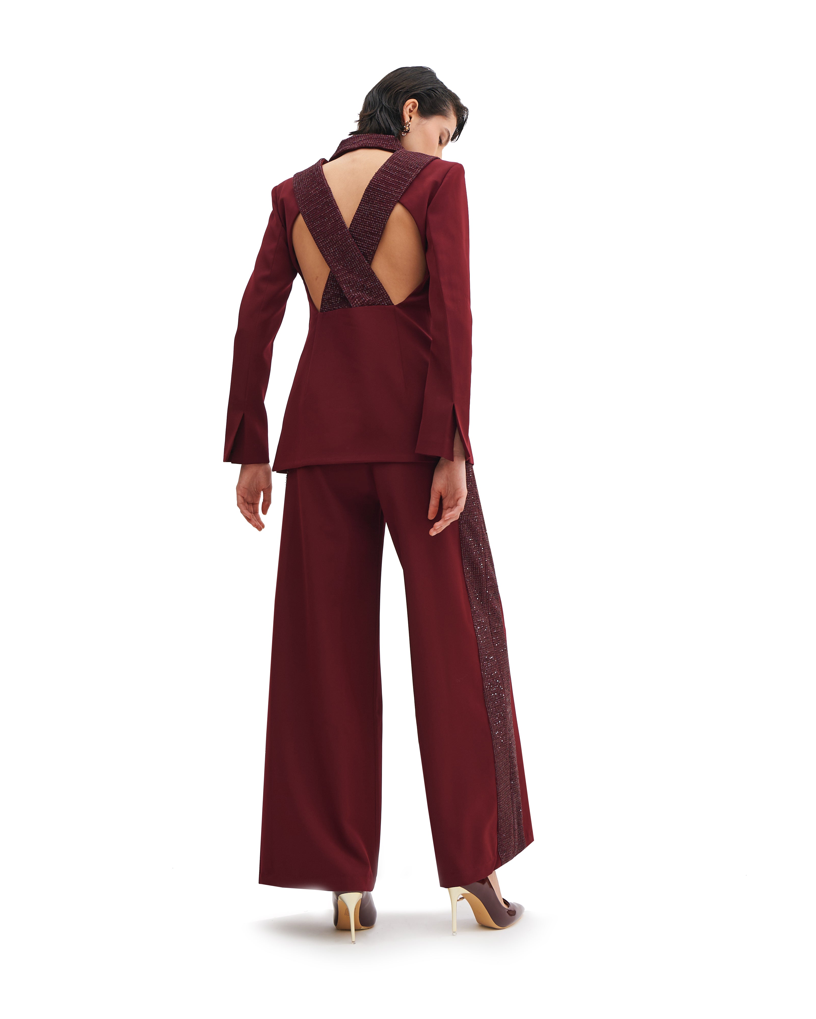 GARNET TROUSERS WITH STARLIT ACCENTS