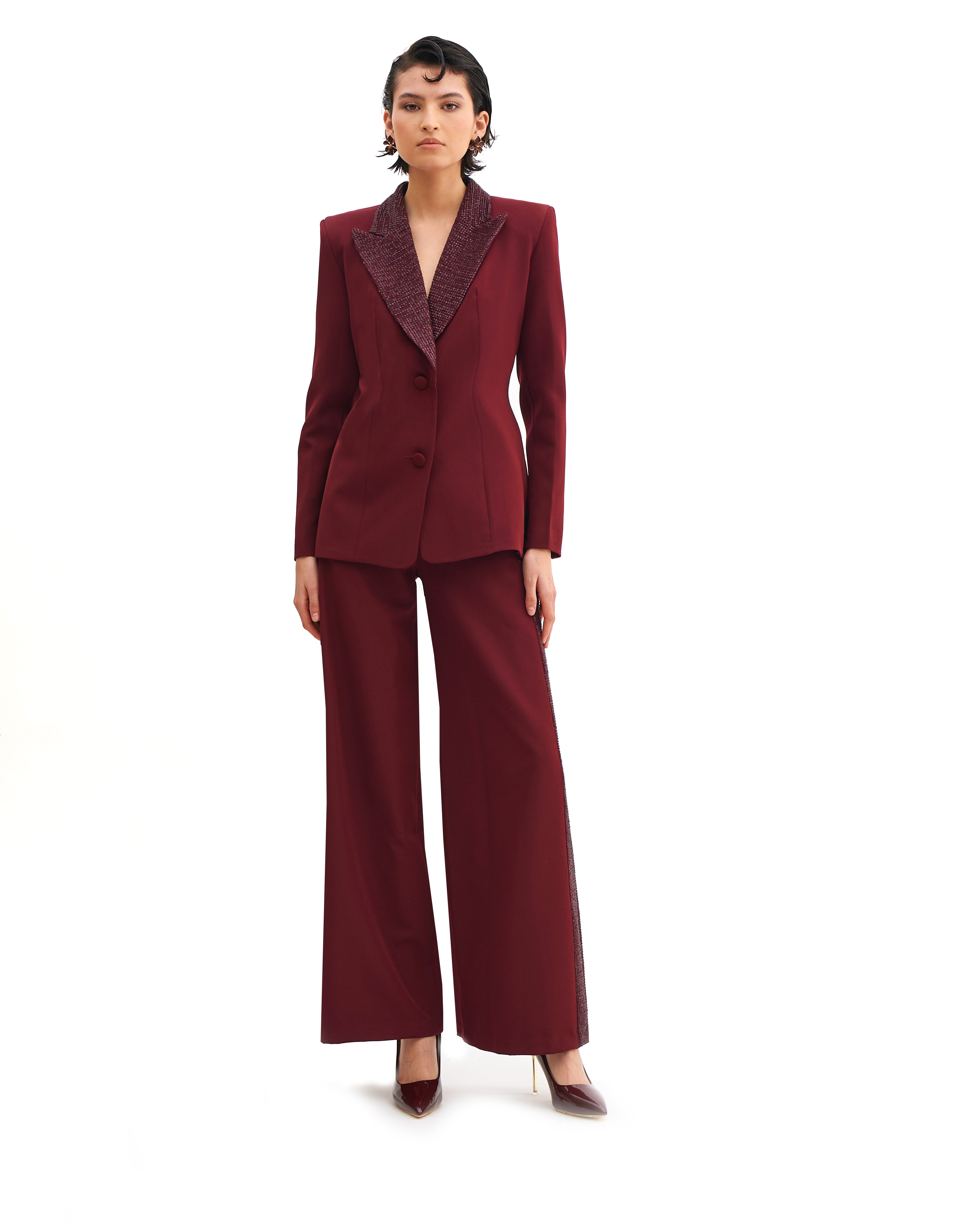 GARNET TROUSERS WITH STARLIT ACCENTS