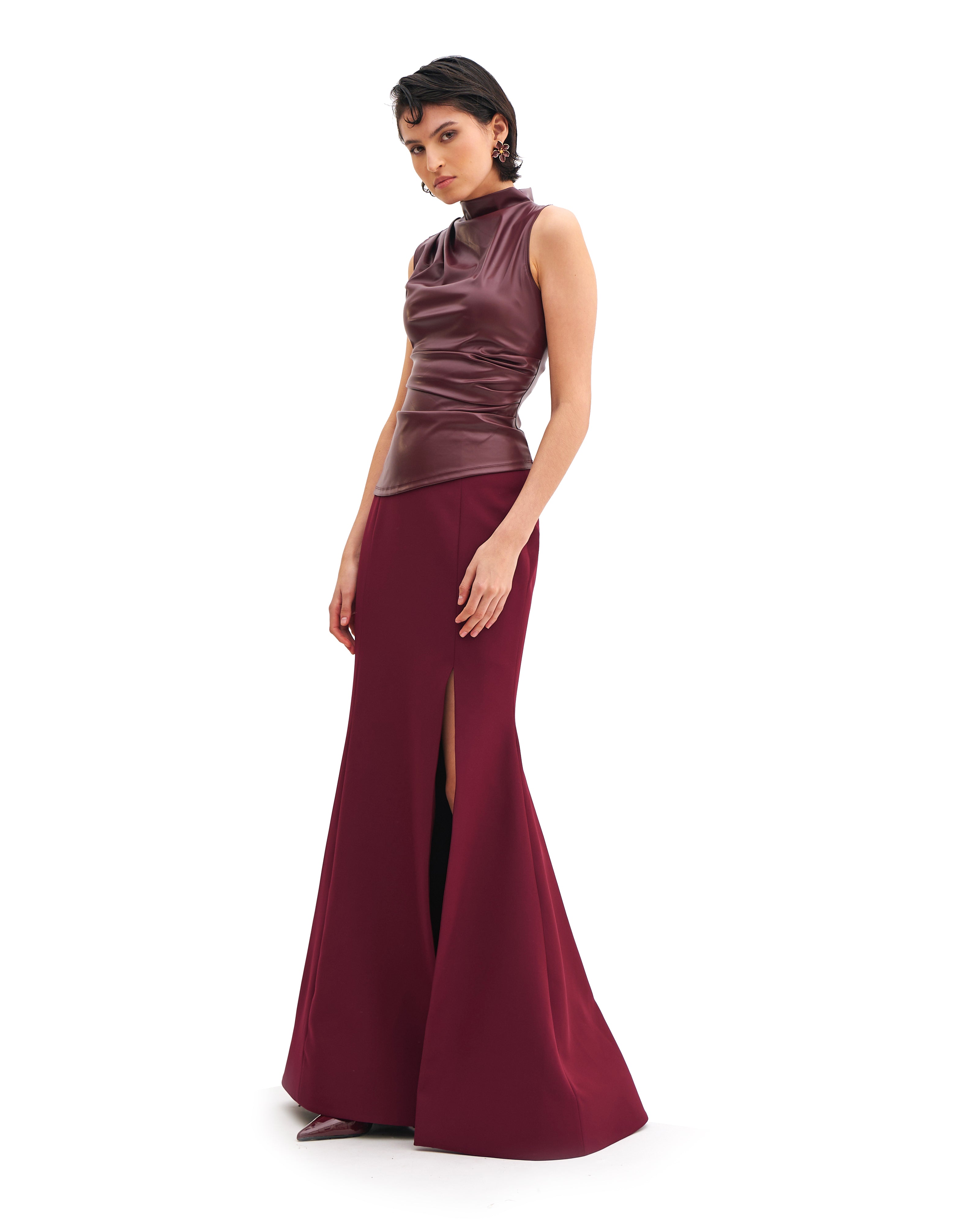 HIGH COLLAR PLEATS LEATHER TOP